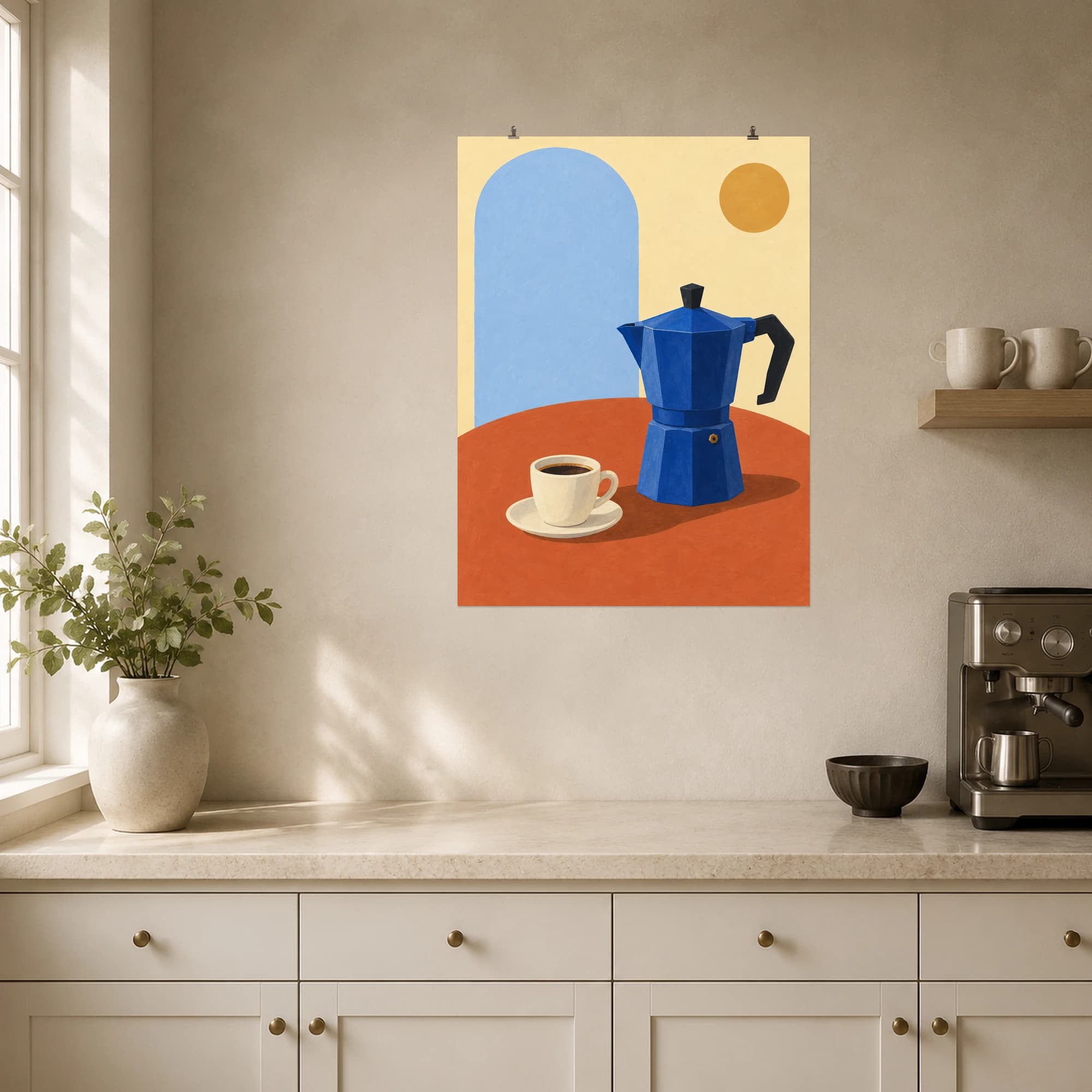 A cobalt moka pot and cream espresso cup meet warm terracotta geometry in a playful coffee still life.