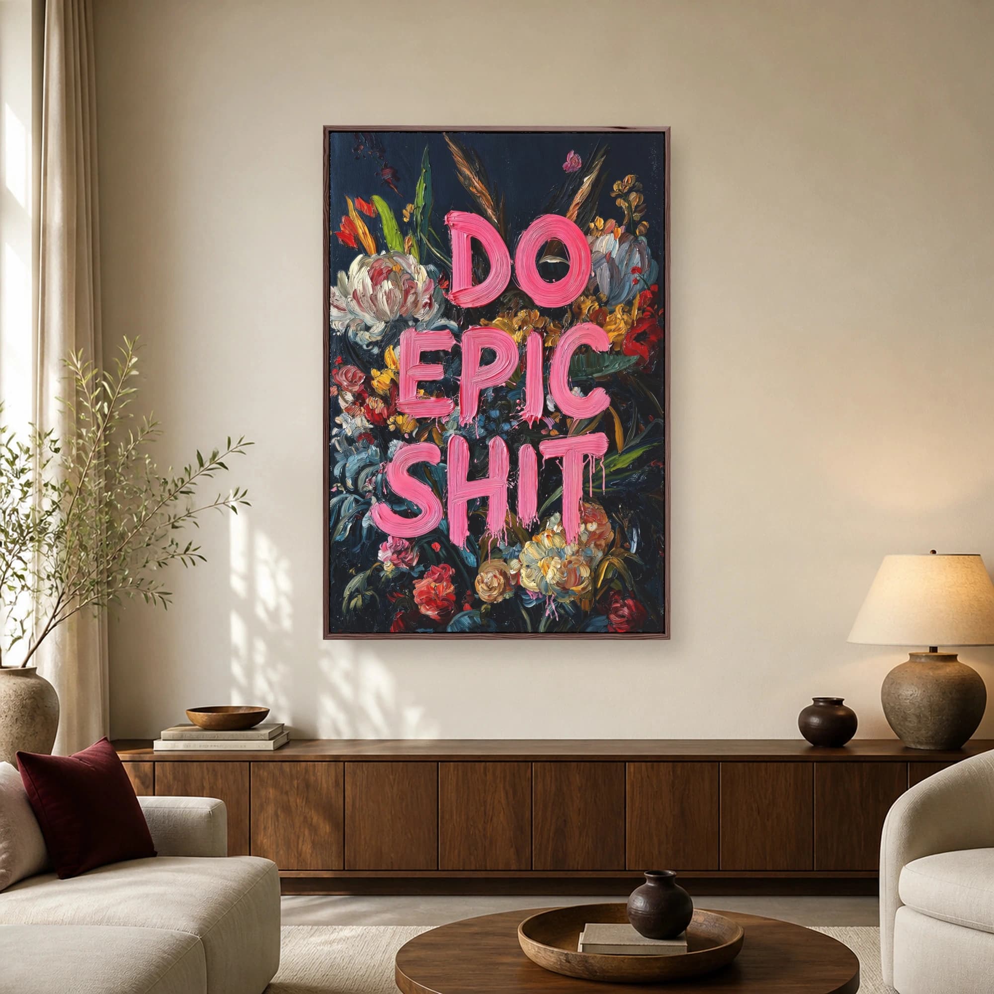 Bold pink impasto typography reading DO EPIC SH*T layered over a dark moody Dutch floral still life painting with thick textured brushstrokes.