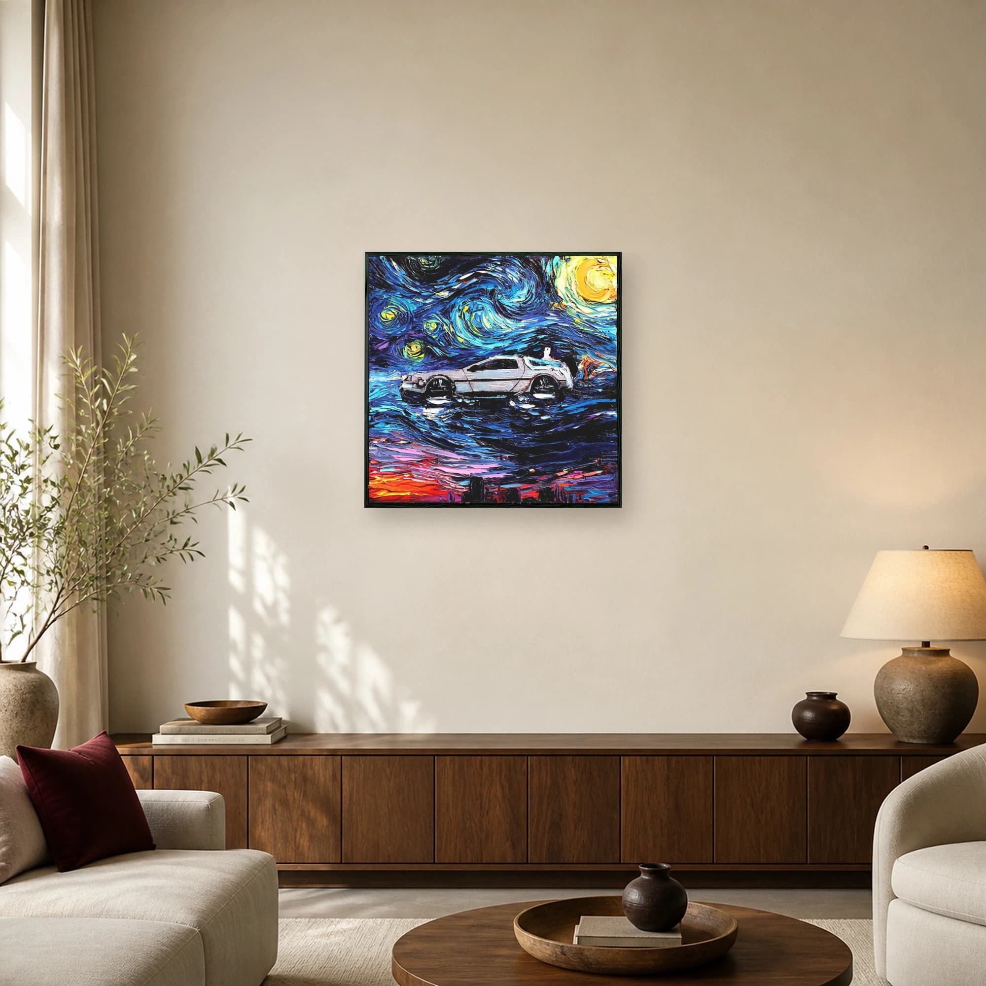 A textured painting of a DeLorean time machine car flying through a swirling Starry Night sky filled with bright yellow stars and deep blue brushstrokes.