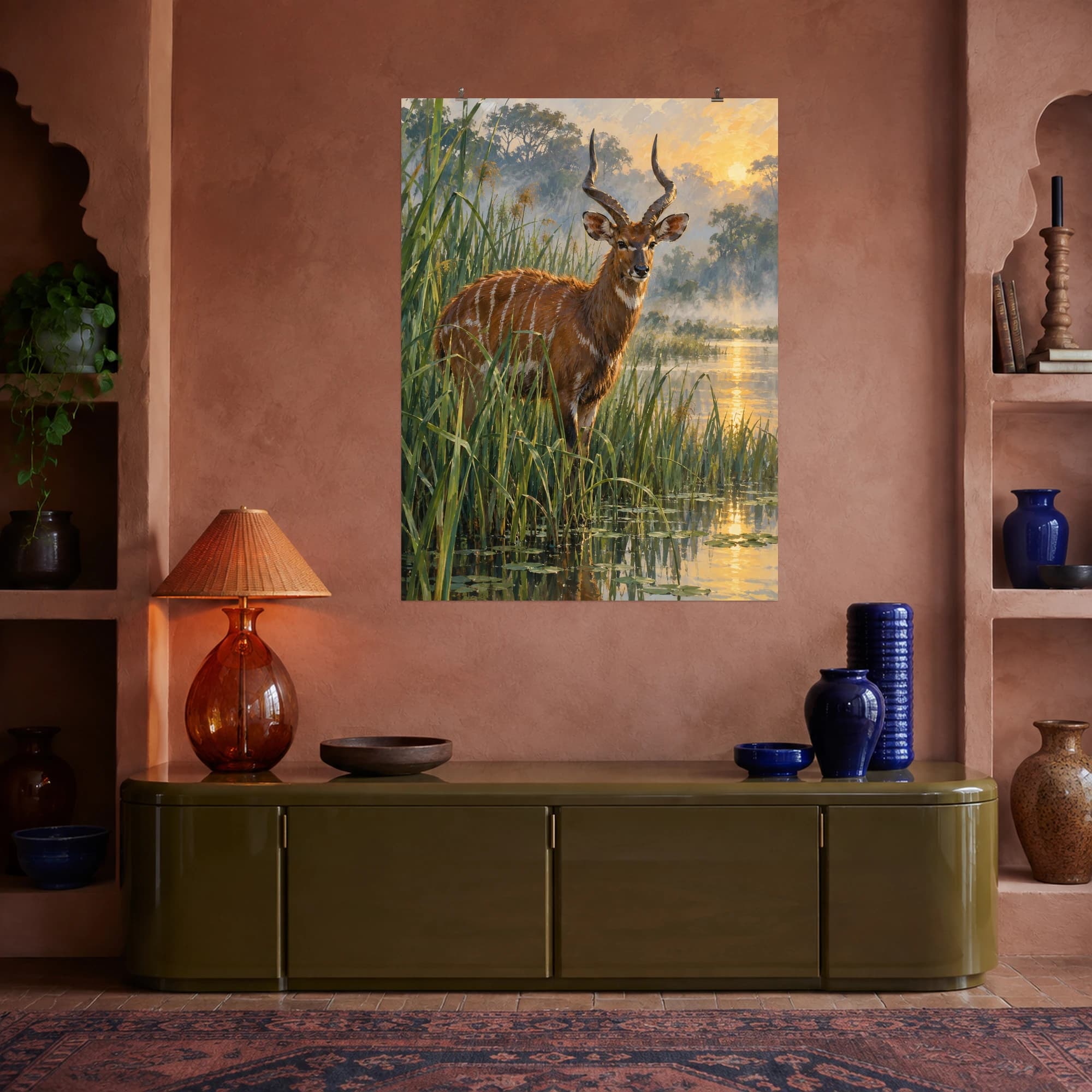 This gouache-style composition features a russet sitatunga antelope among tall reeds beside a calm wetland, with soft mist and reflected golden light. Expressive brushwork and a balanced palette bring warmth and character to your space.