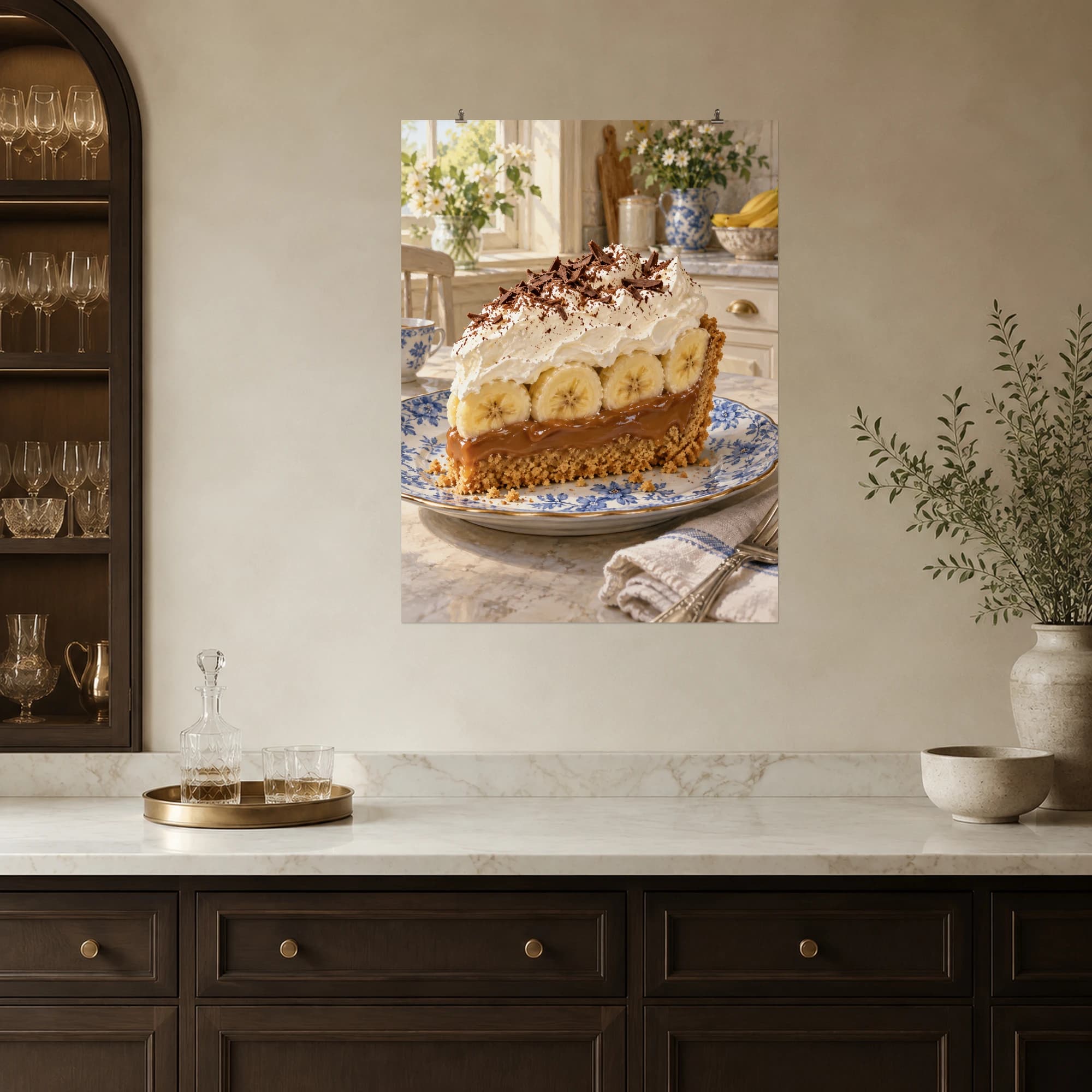 A generous slice of banoffee pie brightens a softly lit Sunday kitchen.