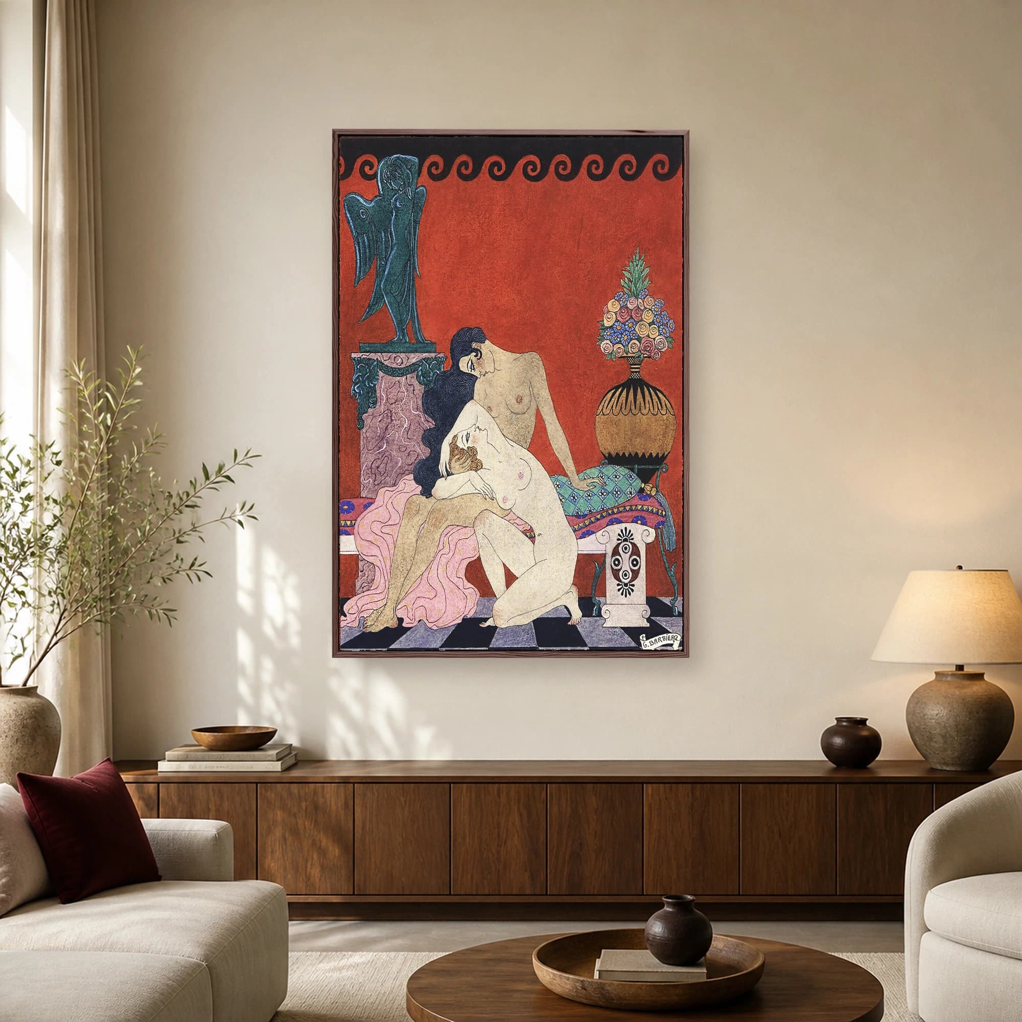 Vintage Art Deco illustration by George Barbier featuring two reclining female nudes, a floral vase, and a bronze sculpture against a red Greek-themed background