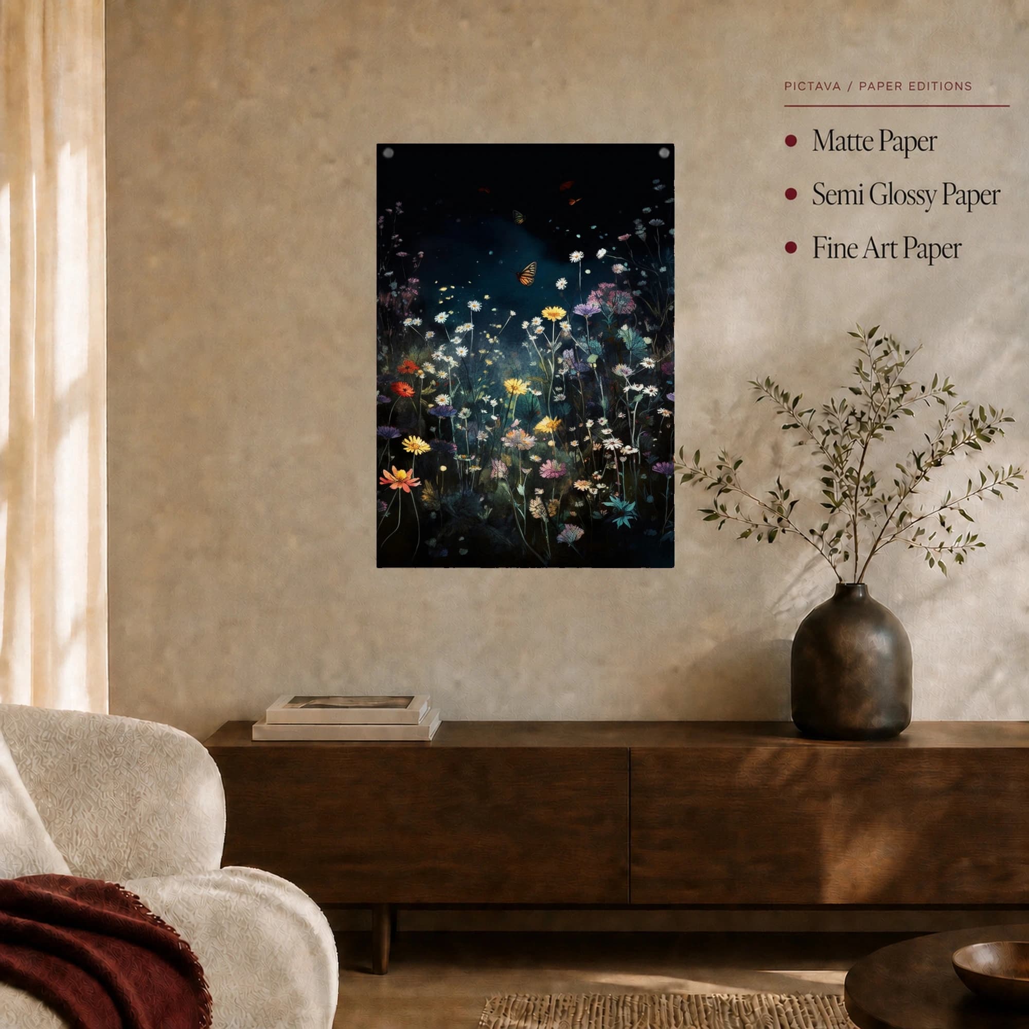 Midnight Meadow Butterfly Wildflower Night Print, view 4