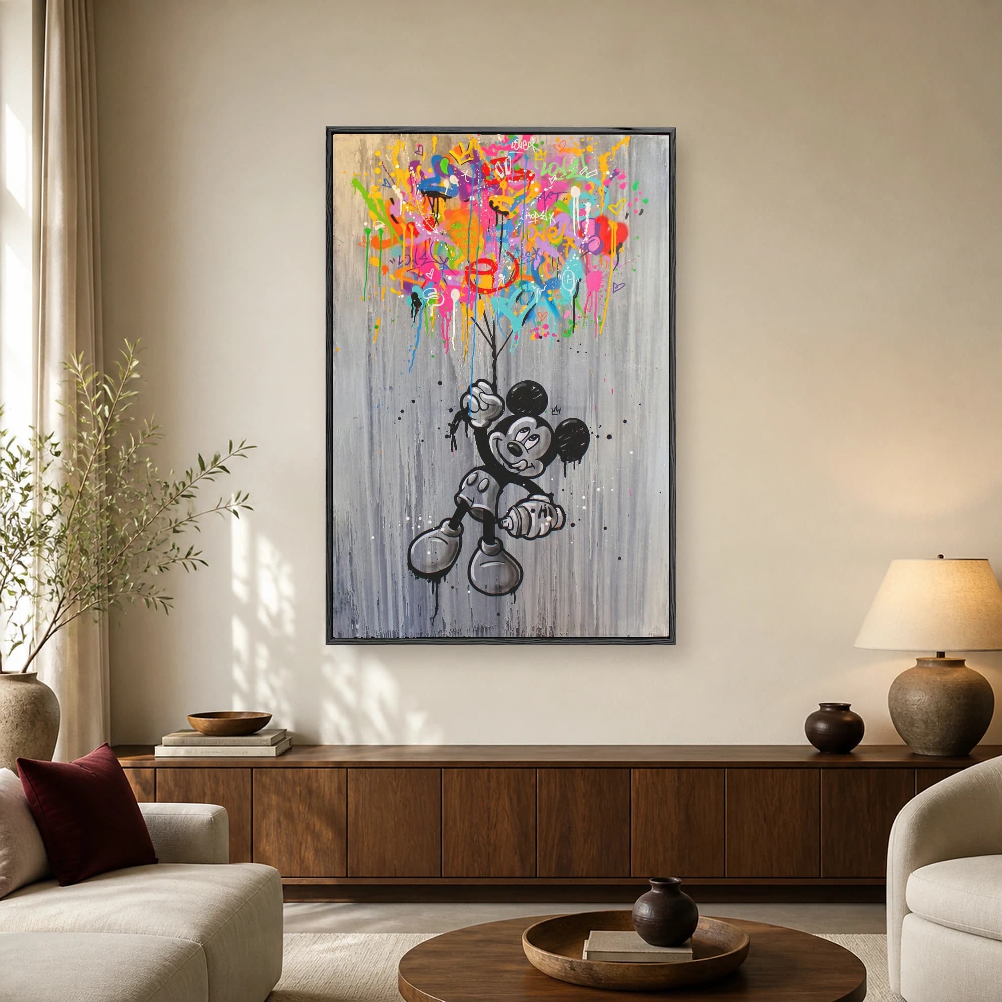 Pop art canvas print of Mickey Mouse in black and white holding colorful graffiti balloons and a spray can against a grey background.