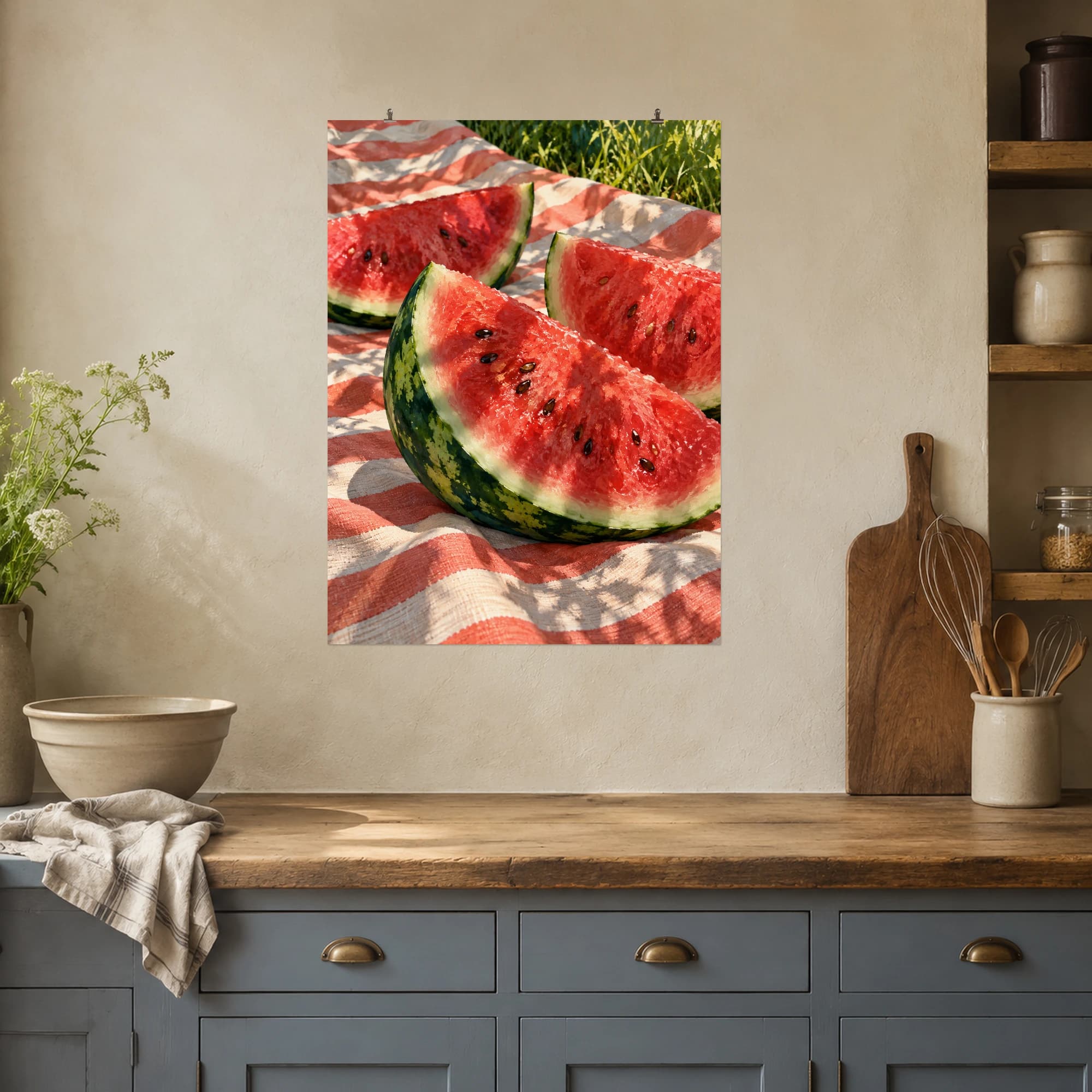 Watermelon wedges cool in dappled shade on a summer picnic cloth.