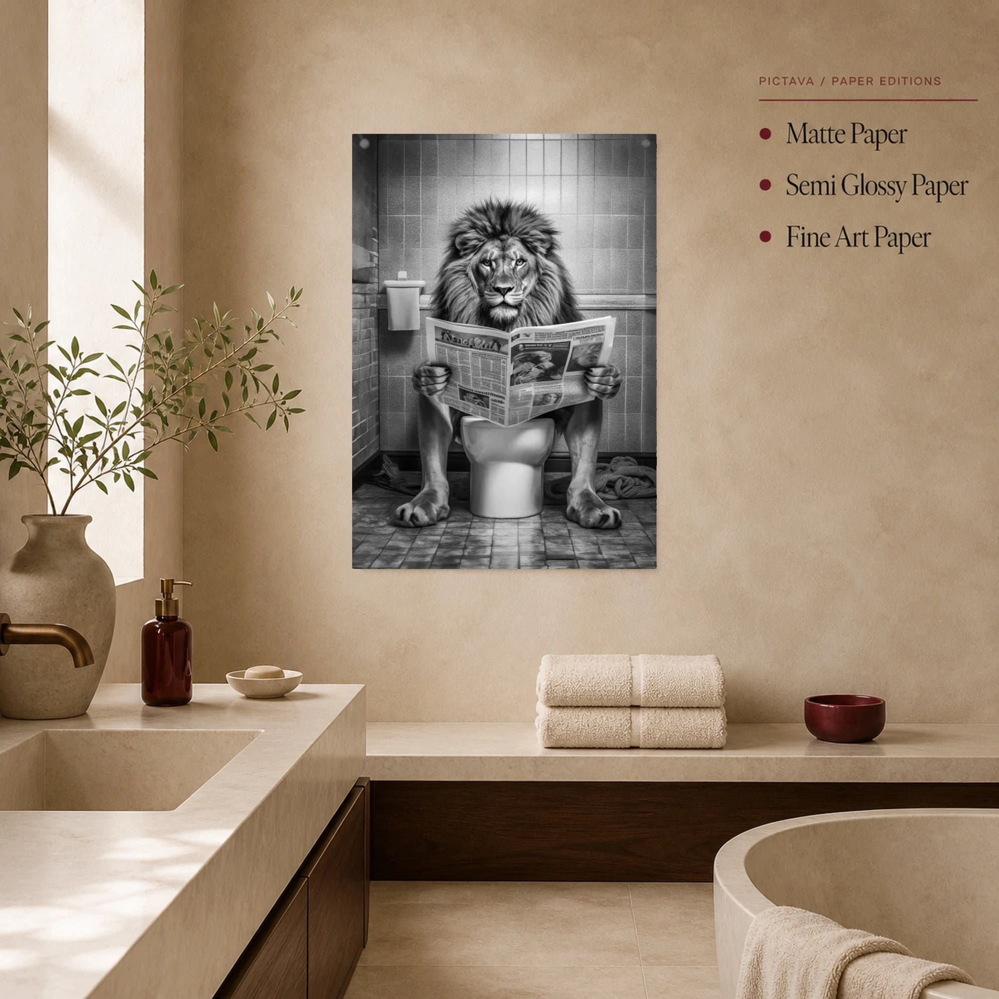 The Lion Reading Newspaper on Toilet Black and White Wall Art, view 2