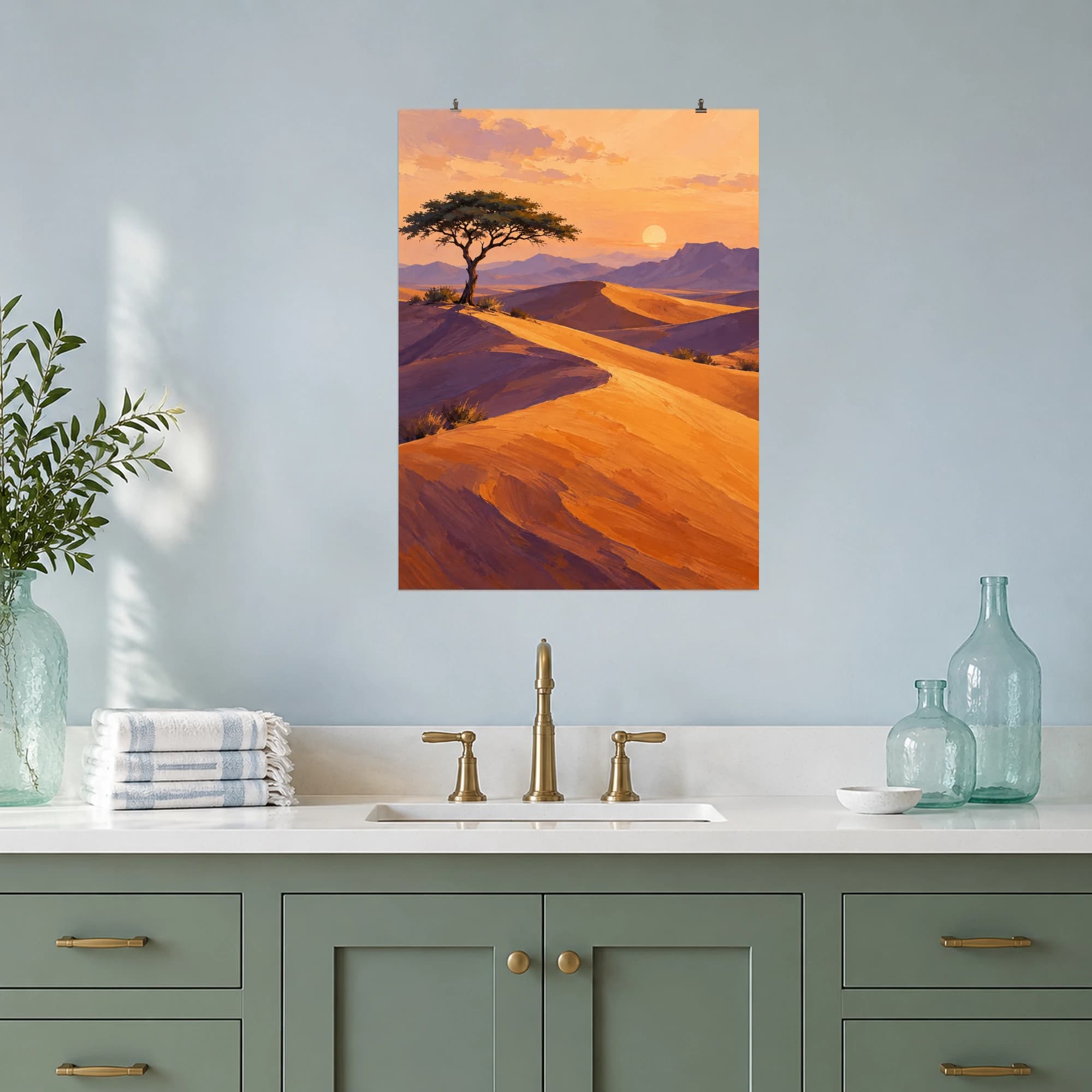 This gouache-style composition features rolling amber dunes with a single acacia and long violet shadows beneath a pale apricot sky. Expressive brushwork and carefully balanced color bring a distinctive focal point to your wall.