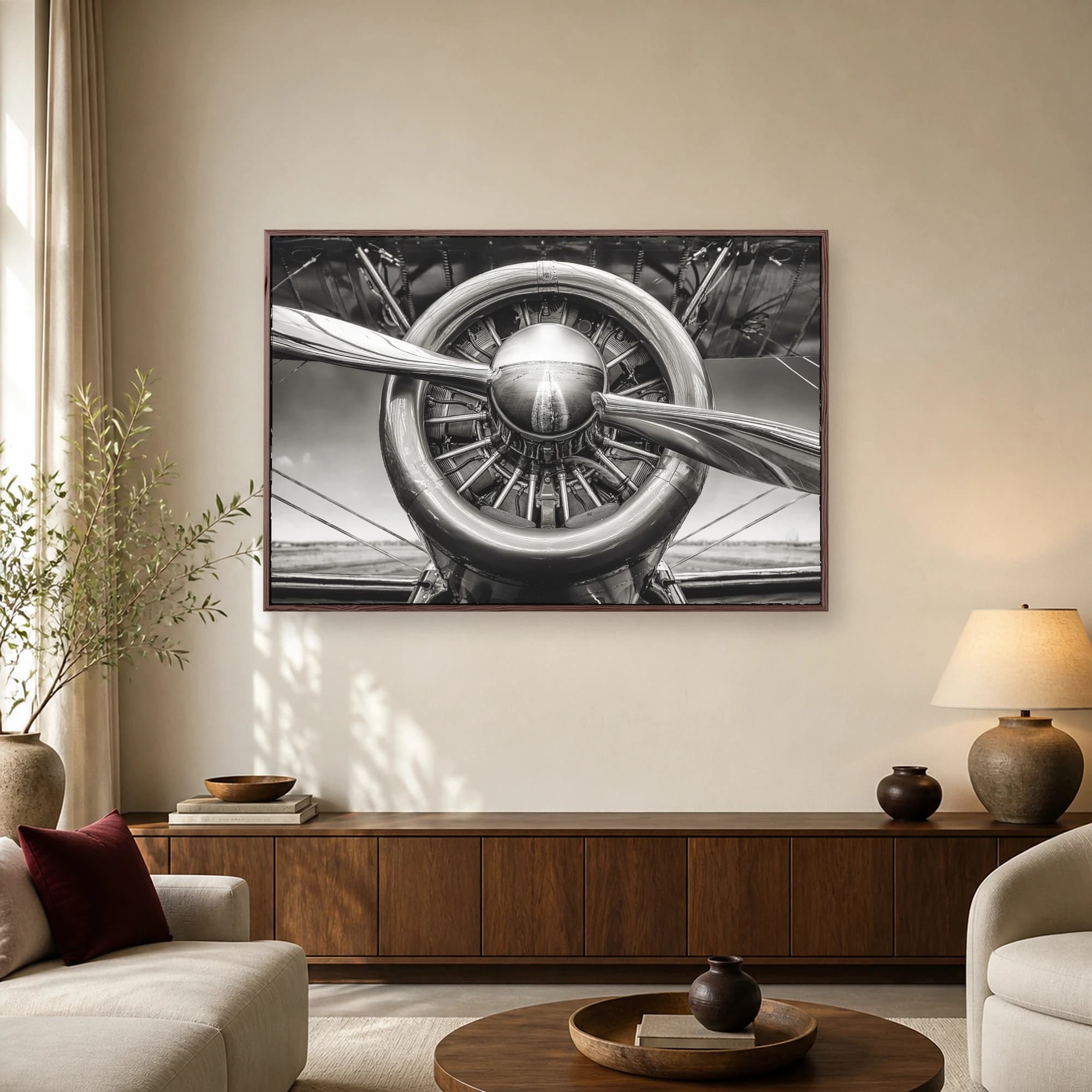 Close up black and white photo of a vintage airplane engine with polished propeller blades and a runway reflected in the center hub.