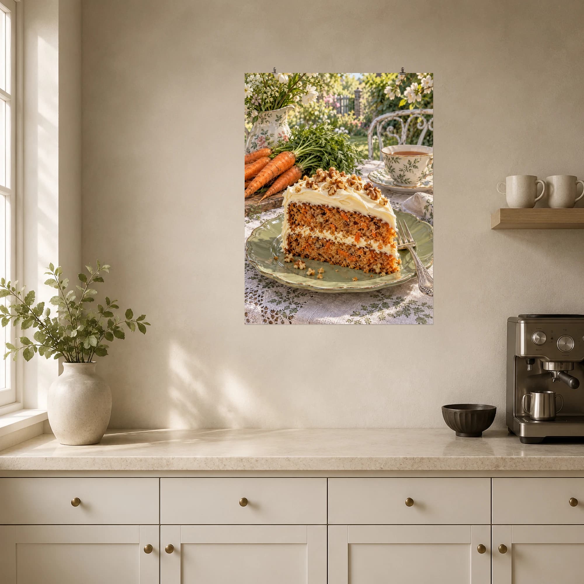 A slice of carrot cake brings a sweet pause to a spring garden tea table.
