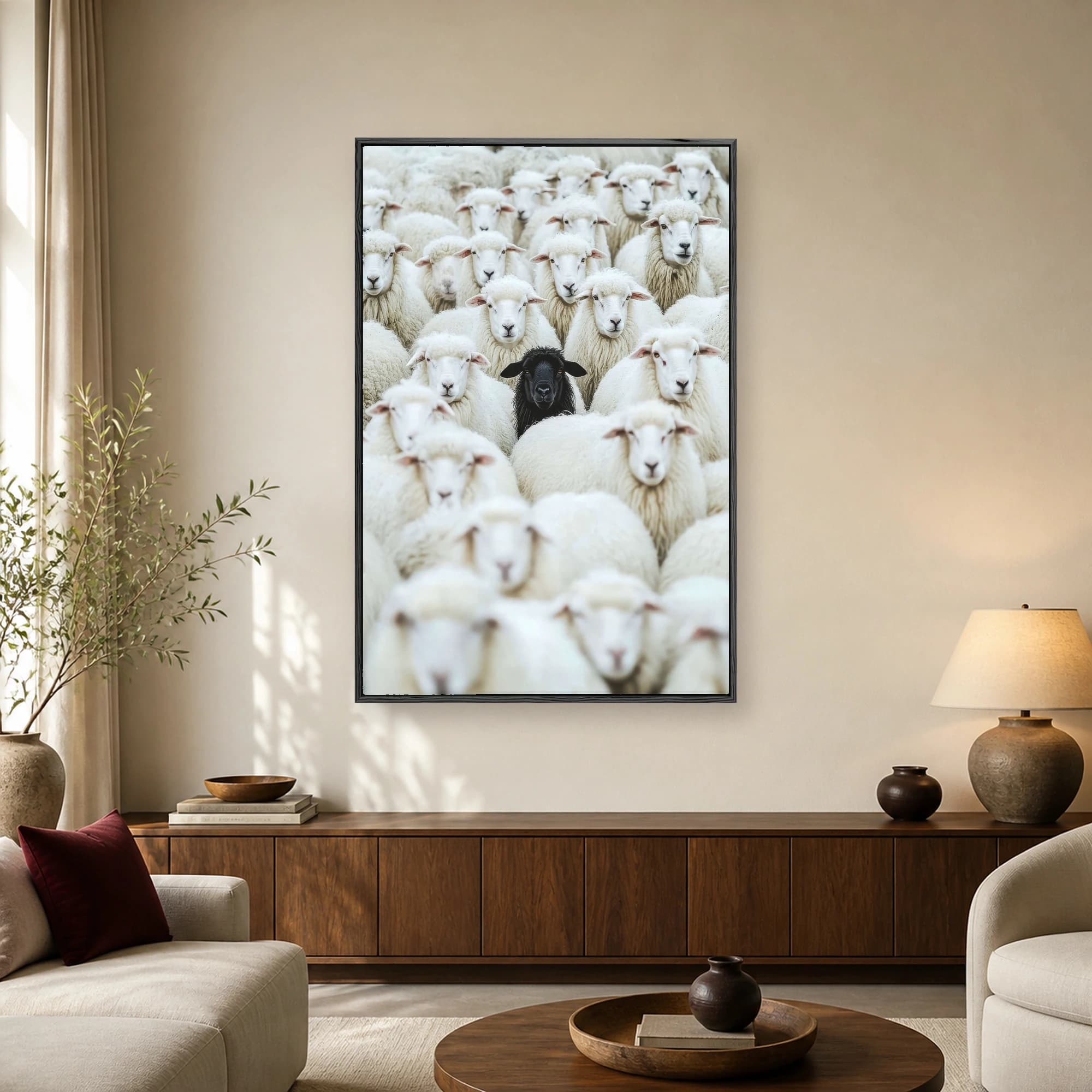 Fine art photograph of a single black sheep centered directly amidst a dense crowd of white woolly sheep looking forward.