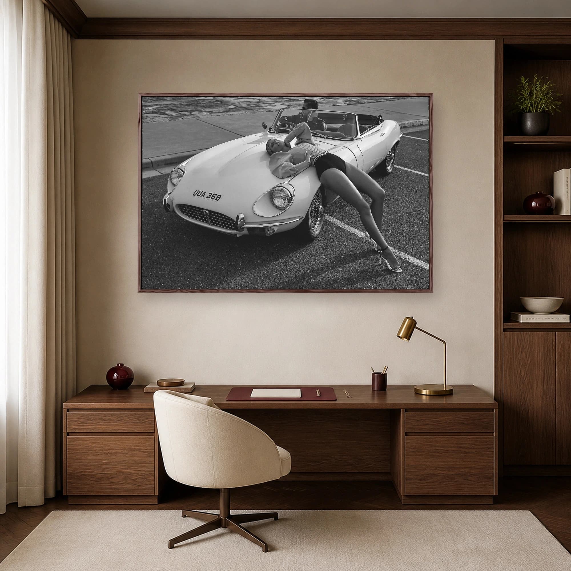 Vintage Sports Car and Fashion Model Black and White Art Print, view 6