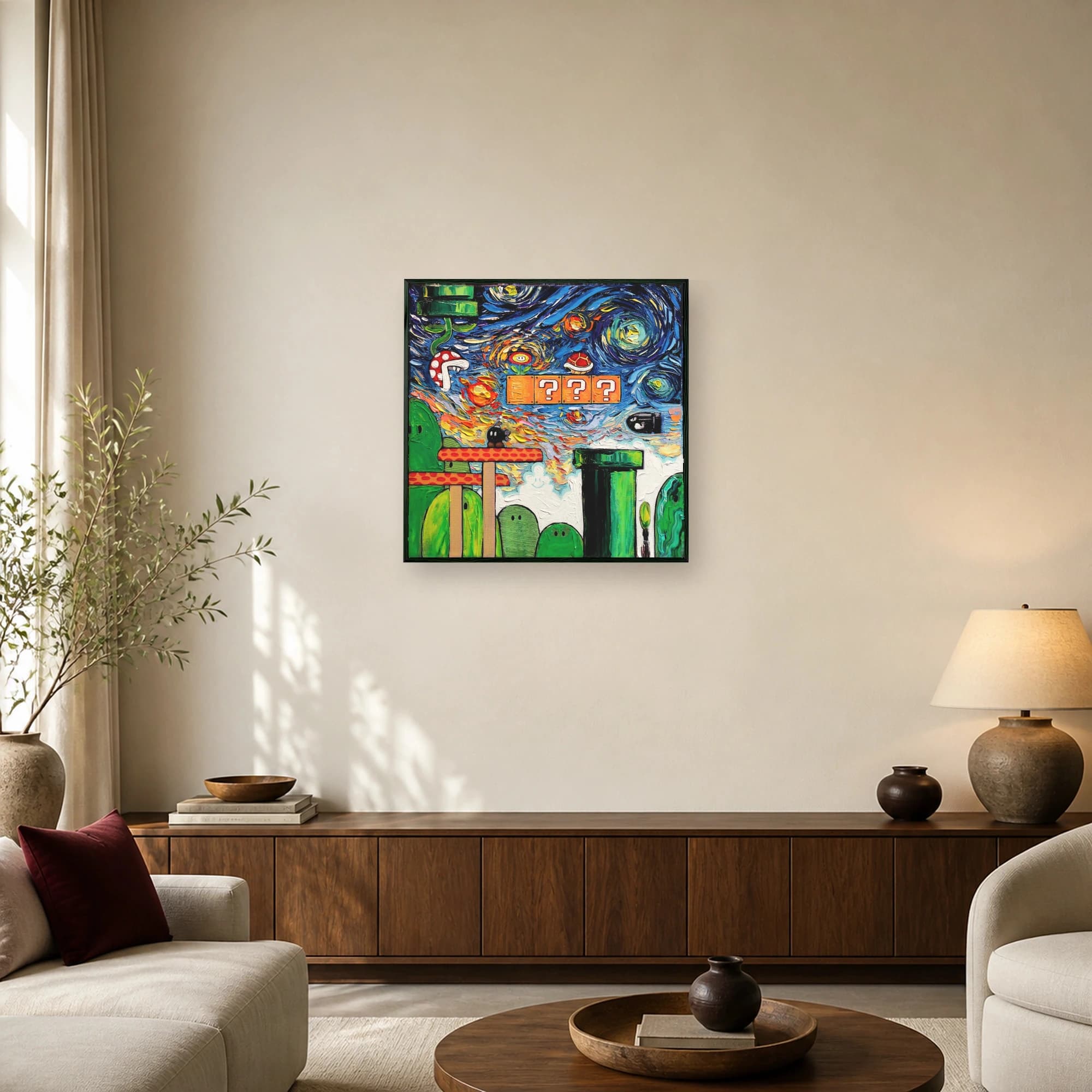 A textured impasto painting depicting Super Mario gaming elements set inside Vincent van Gogh's swirling Starry Night sky.
