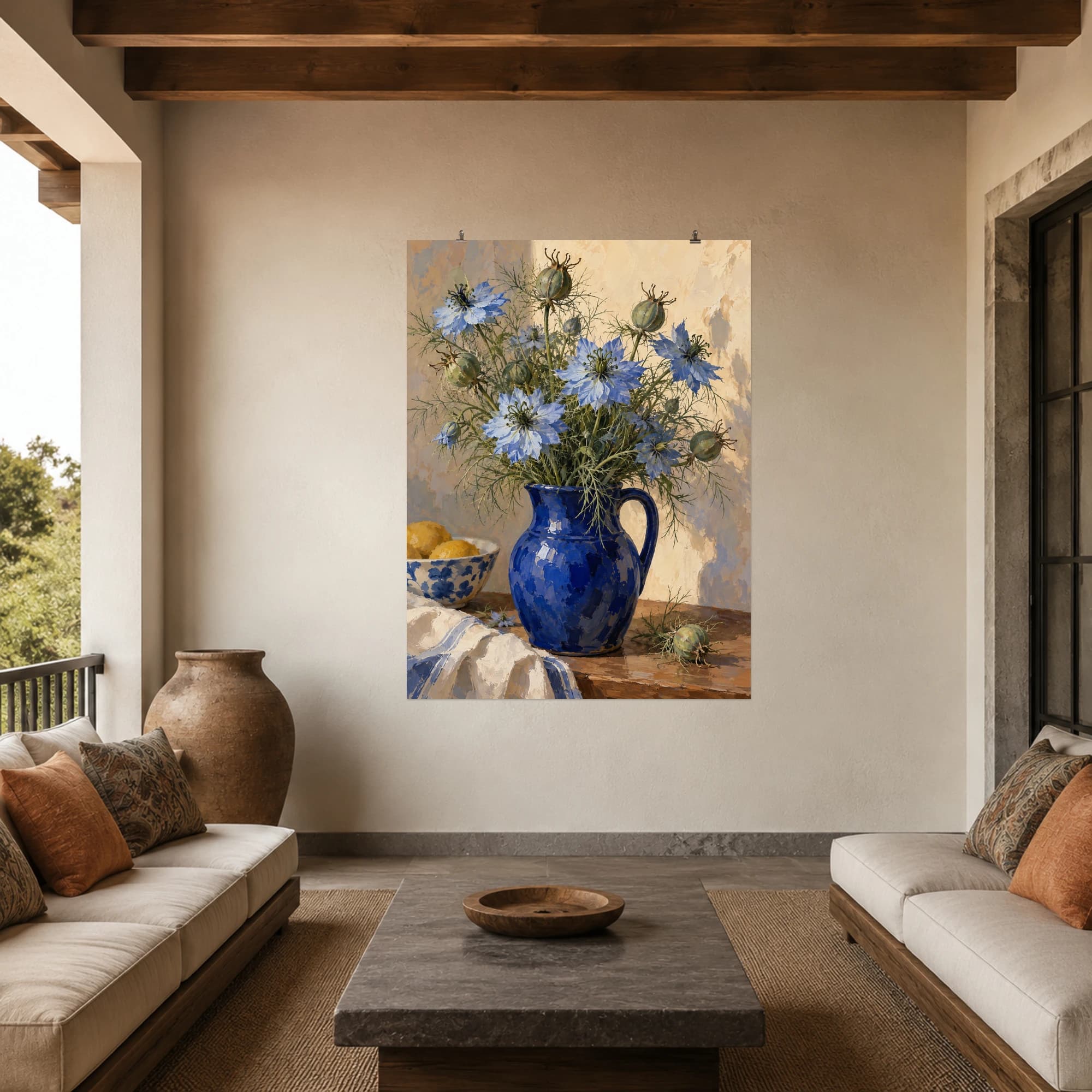 This gouache-style composition features pale blue nigella flowers with delicate feathery foliage and seed pods in a cobalt ceramic vessel, warm cream wall and intimate still life. Expressive brushwork and a balanced palette bring warmth and character to your space.