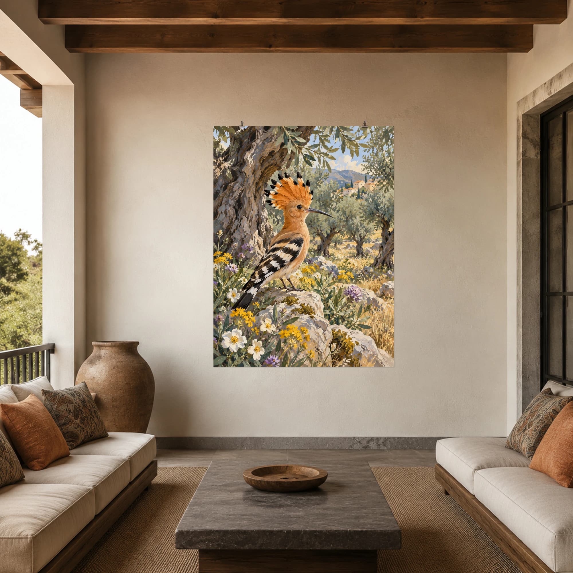 This gouache-style composition features a hoopoe with a raised orange crest standing among wildflowers in an old olive grove, warm gray trunks and dappled sunlight. Expressive brushwork and a balanced palette bring warmth and character to your space.