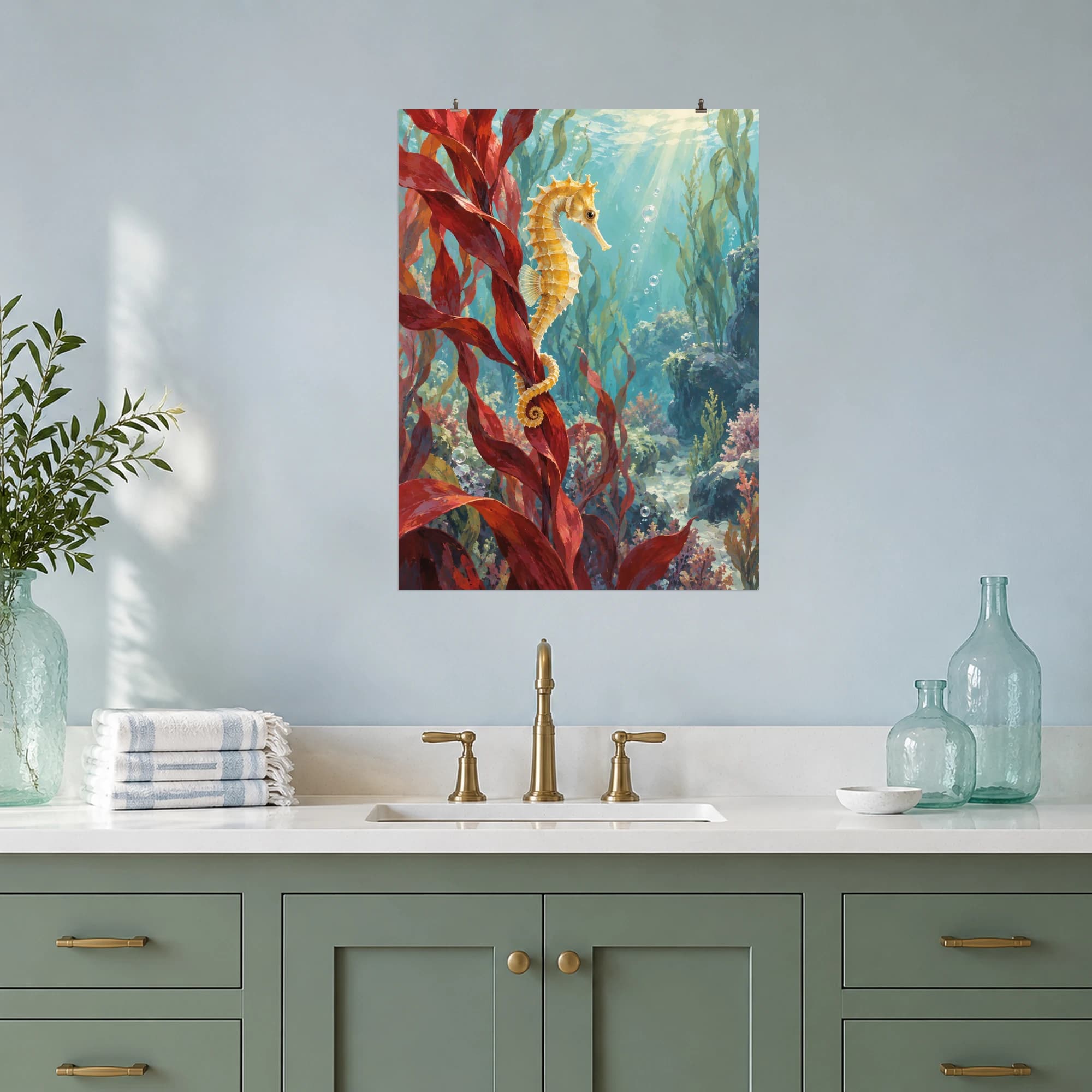 This gouache-style composition features a slender yellow seahorse curling its tail around crimson kelp in a pale turquoise underwater garden, soft sunlit water and delicate bubbles. Expressive brushwork and a balanced palette bring warmth and character to your space.