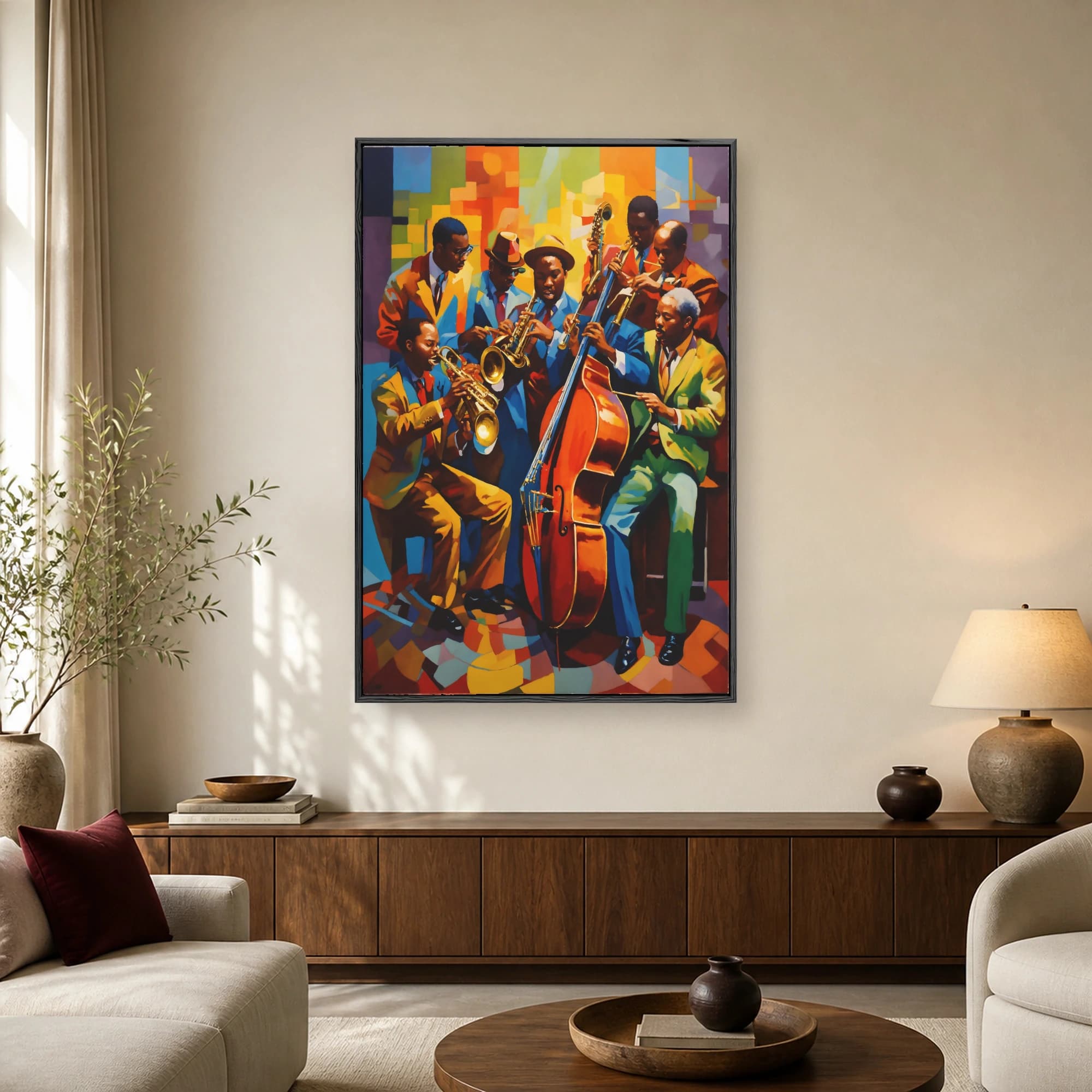 Abstract painting of a jazz band playing trumpet, saxophone, and double bass in vibrant colors