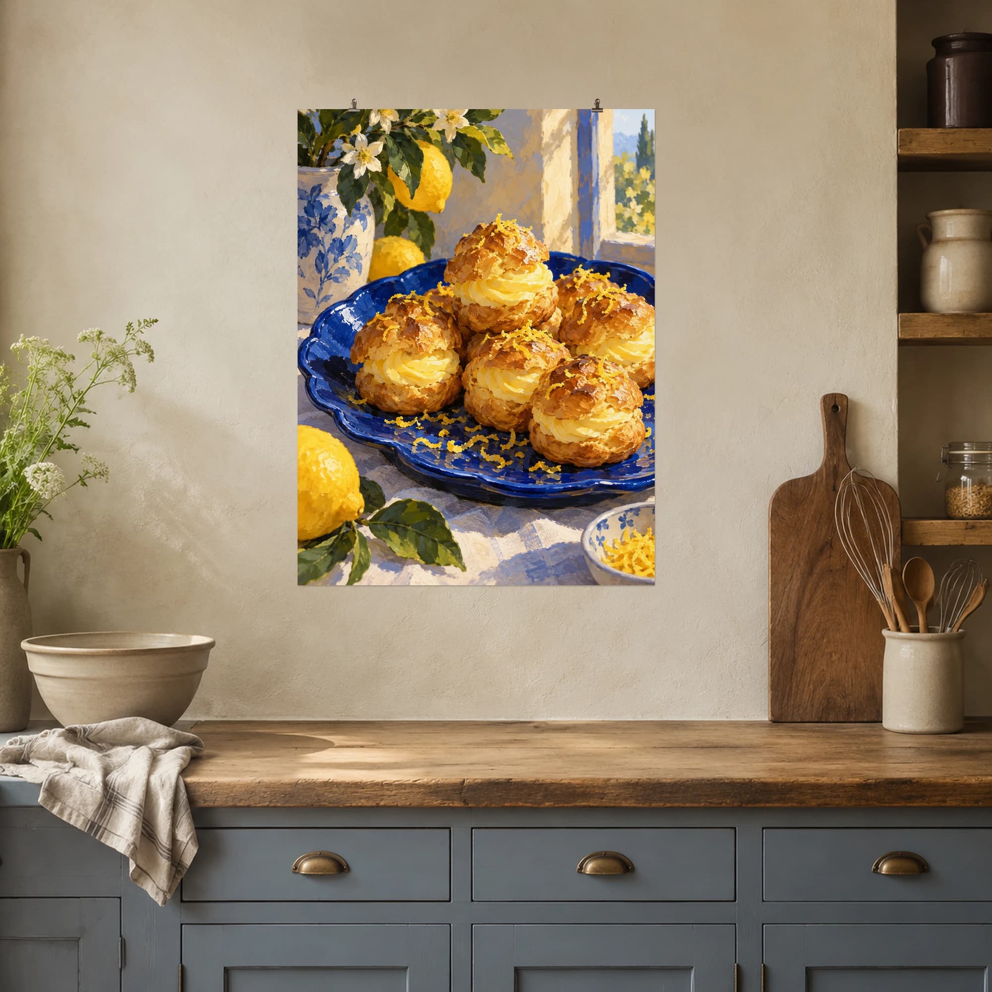 This gouache-style composition features golden profiteroles filled with lemon cream and scattered zest on a cobalt platter in warm window light. Expressive brushwork and a balanced palette bring warmth and character to your space.