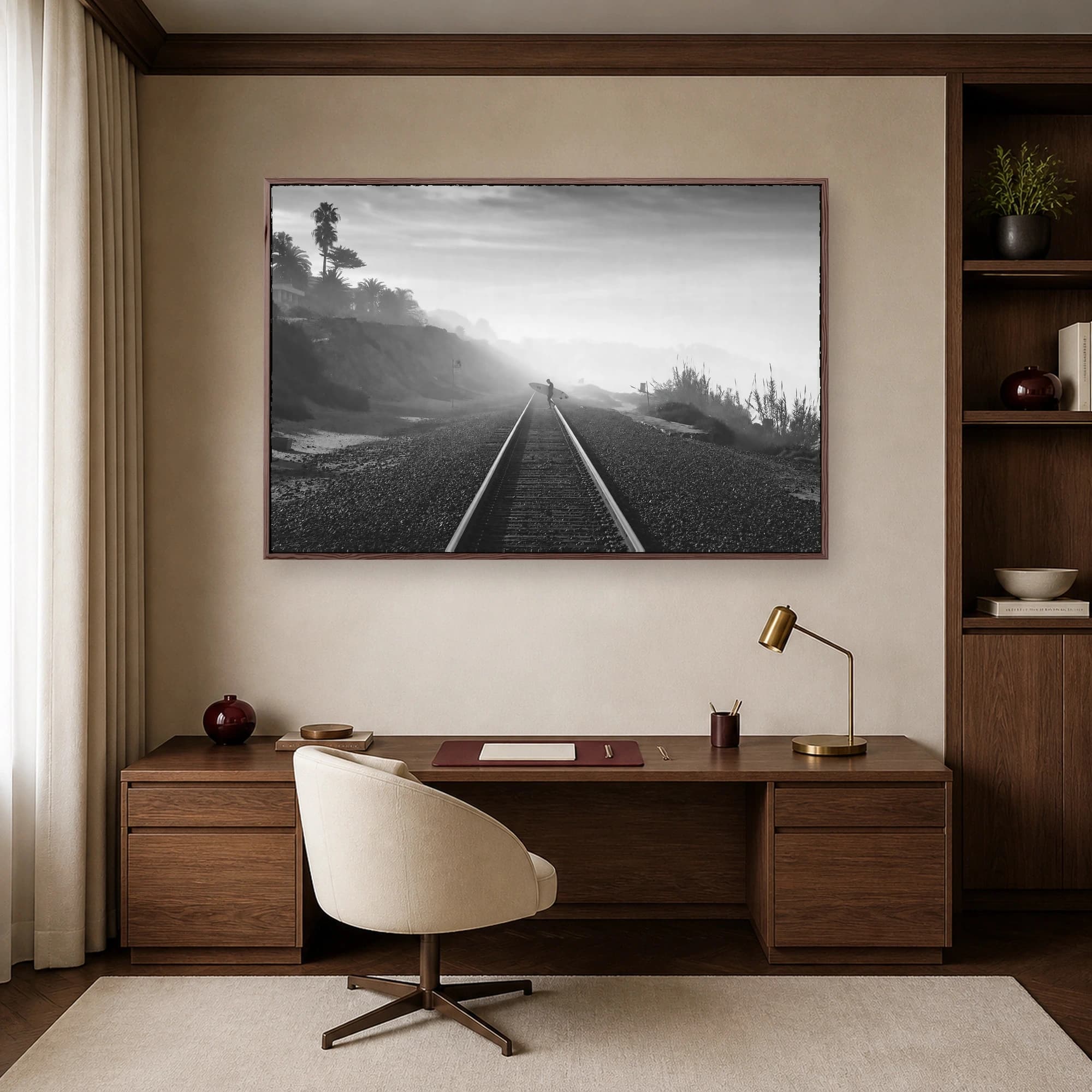 Surfer on Coastal Railway Tracks Black and White Photography, view 6