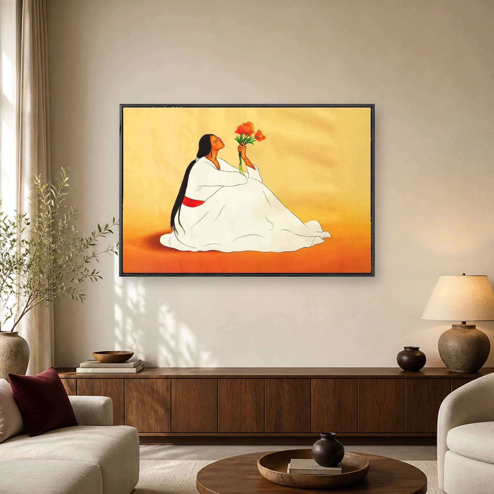 Fine art illustration of a seated woman in a white dress holding orange poppies against a warm golden background