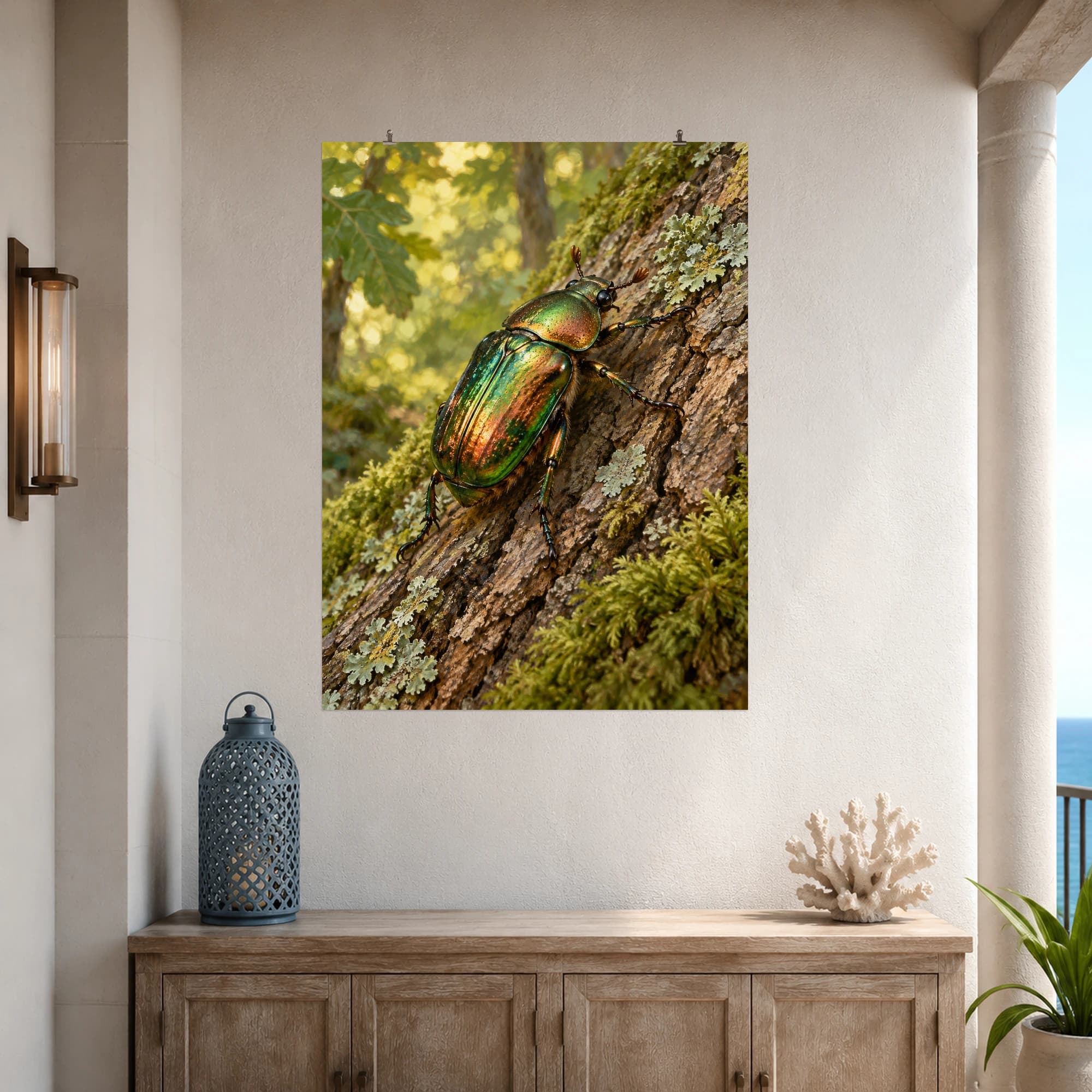 A jewel-like copper green beetle rests on richly textured oak bark.