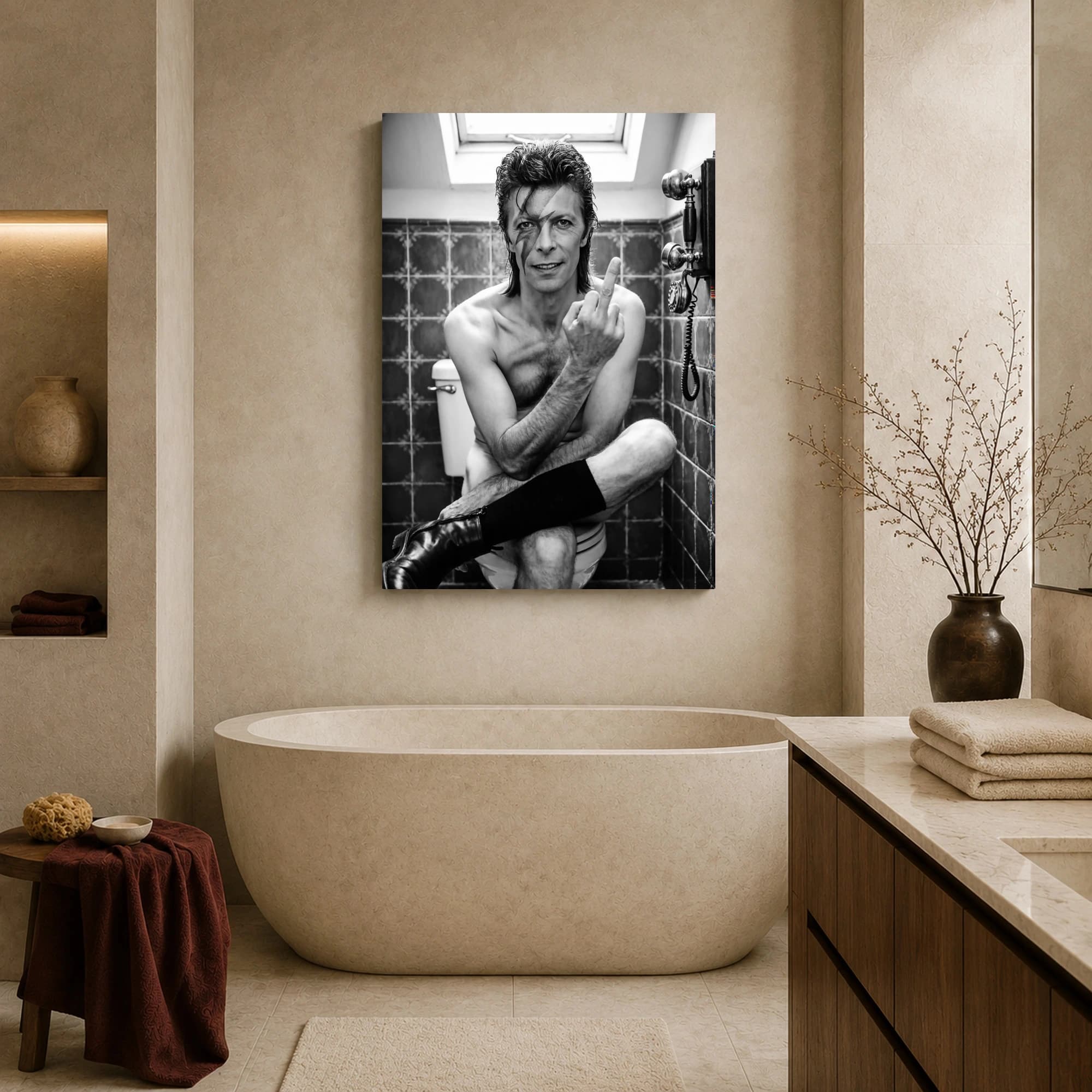 David Bowie Restroom Middle Finger Black and White Canvas Art, view 7