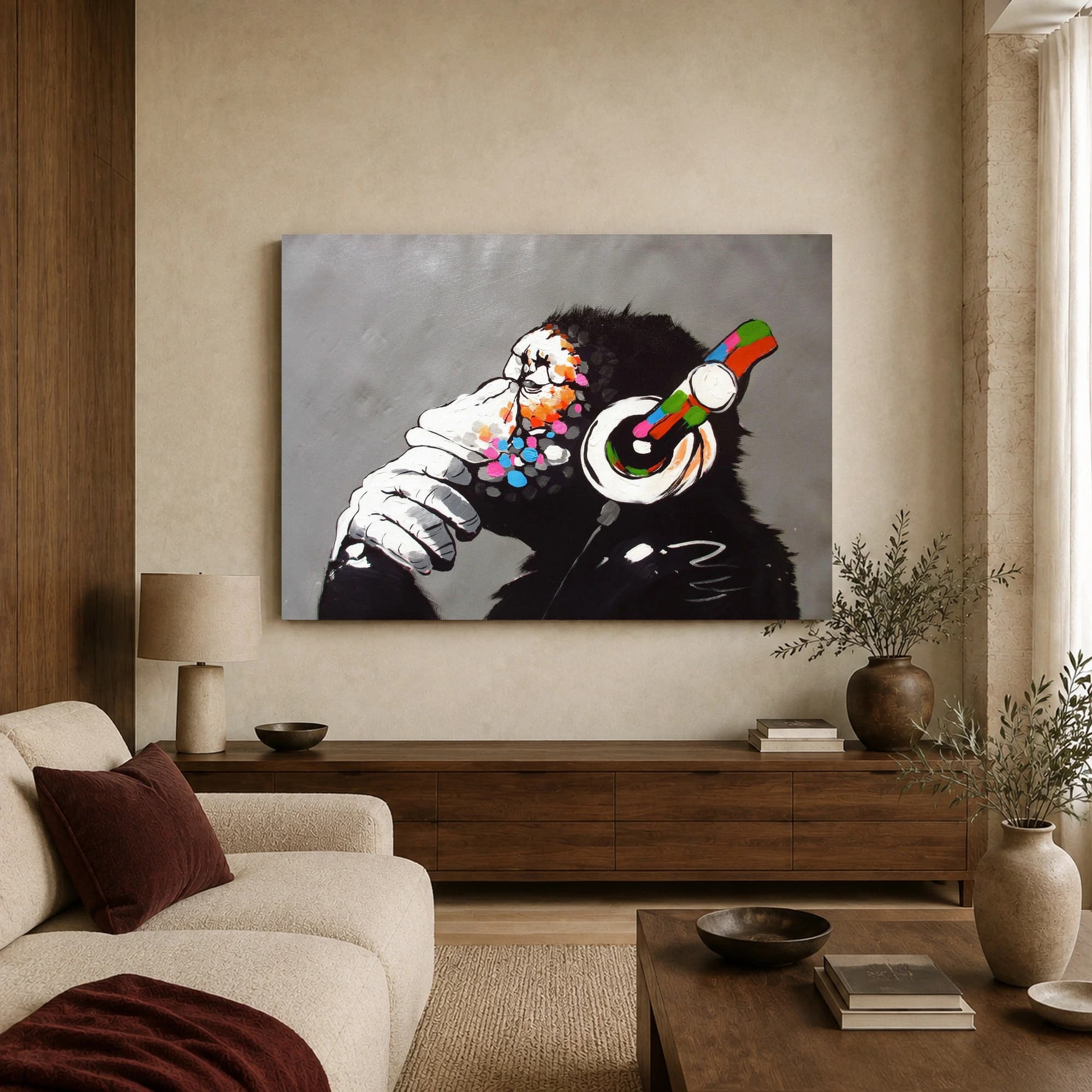DJ Ape Canvas Print with Colorful Headphones, view 3