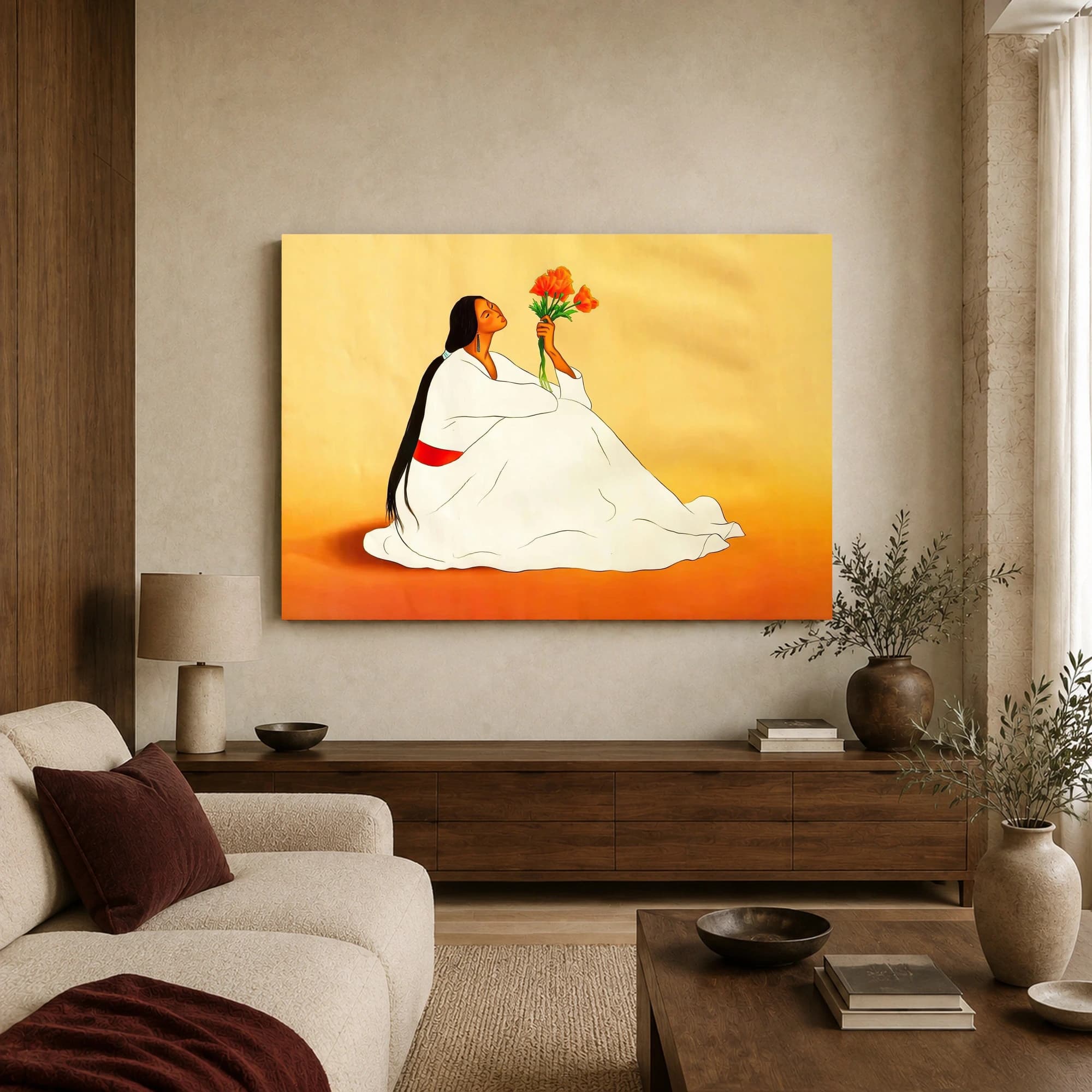 Native Woman with Orange Poppies – Fine Art Canvas Print, view 2