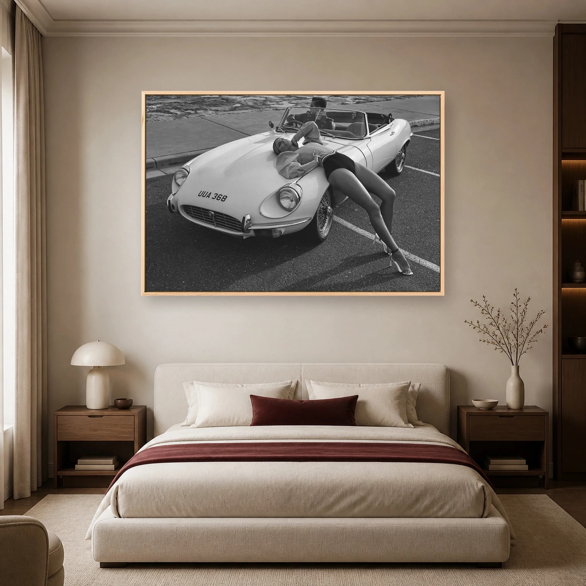 Vintage Sports Car and Fashion Model Black and White Art Print, view 5