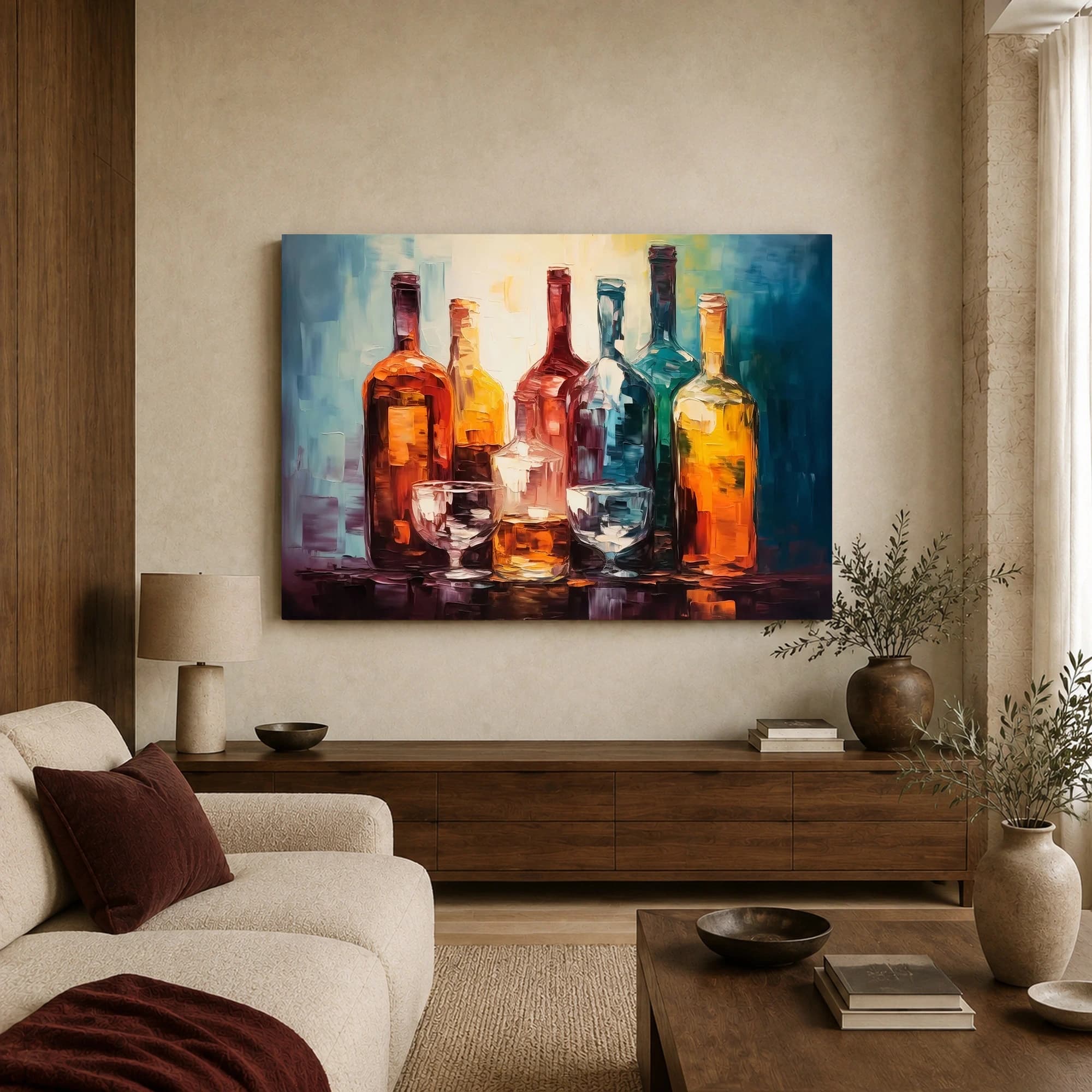 Luminous Glass Bottles Modern Impasto Canvas Art Print, view 4