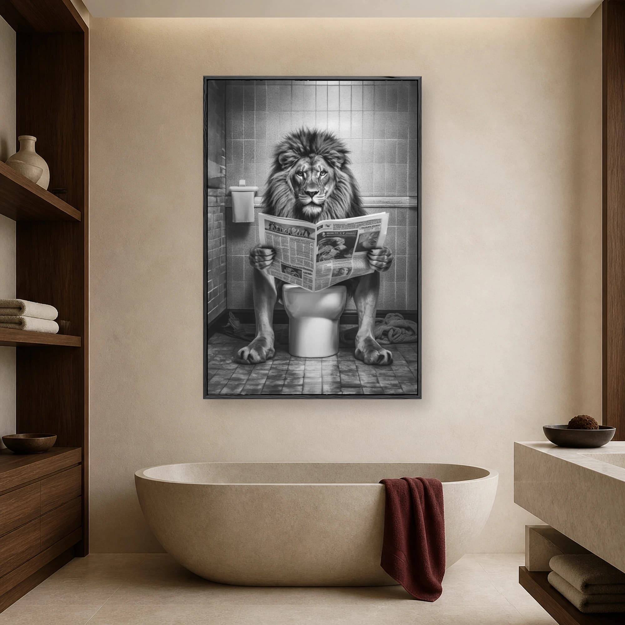A majestic male lion with a full mane sits upright on a white toilet in a tiled bathroom, holding and reading an open newspaper in a black and white composition.