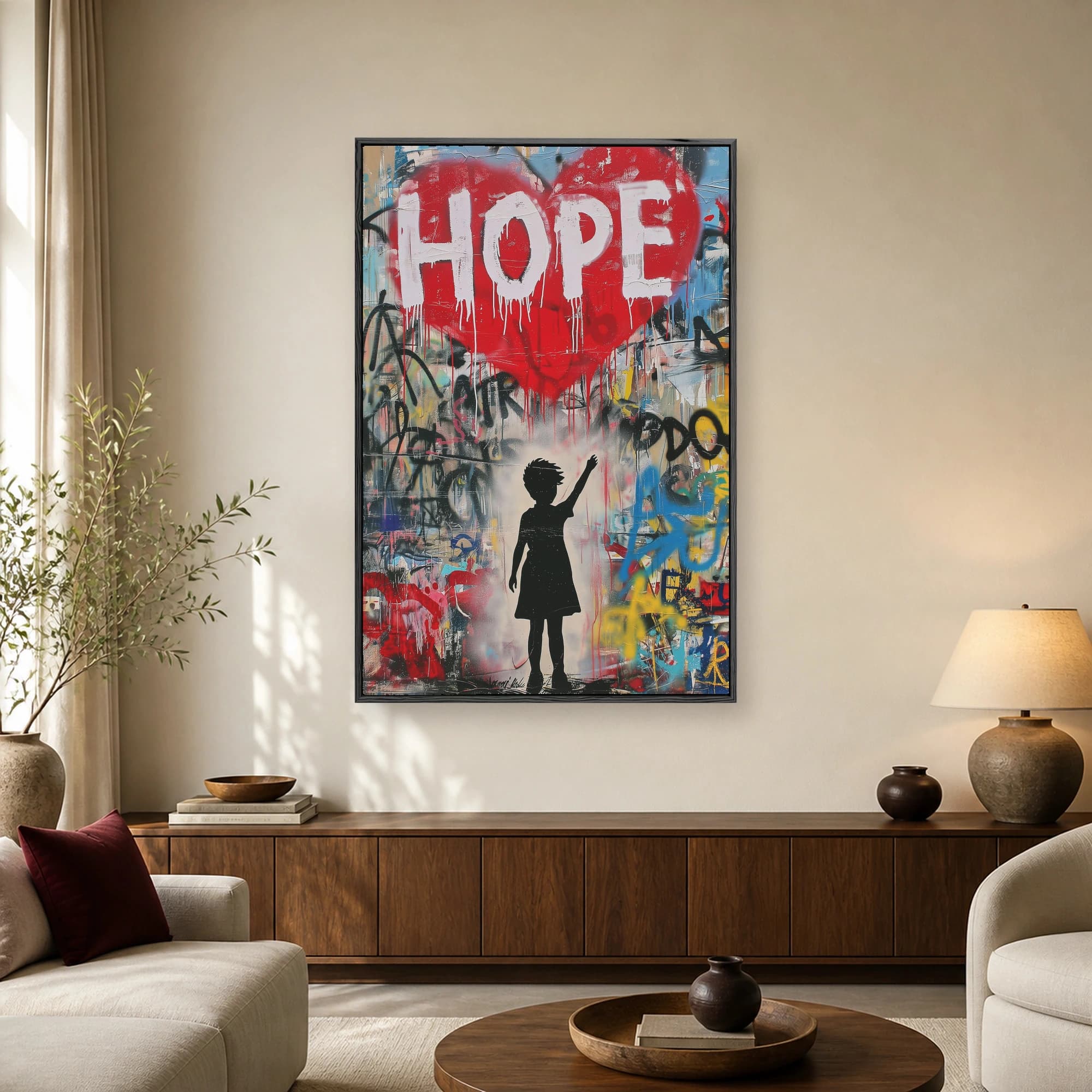 Urban street art canvas featuring a child silhouette reaching for a dripping red heart stamped with the word HOPE over layered graffiti.
