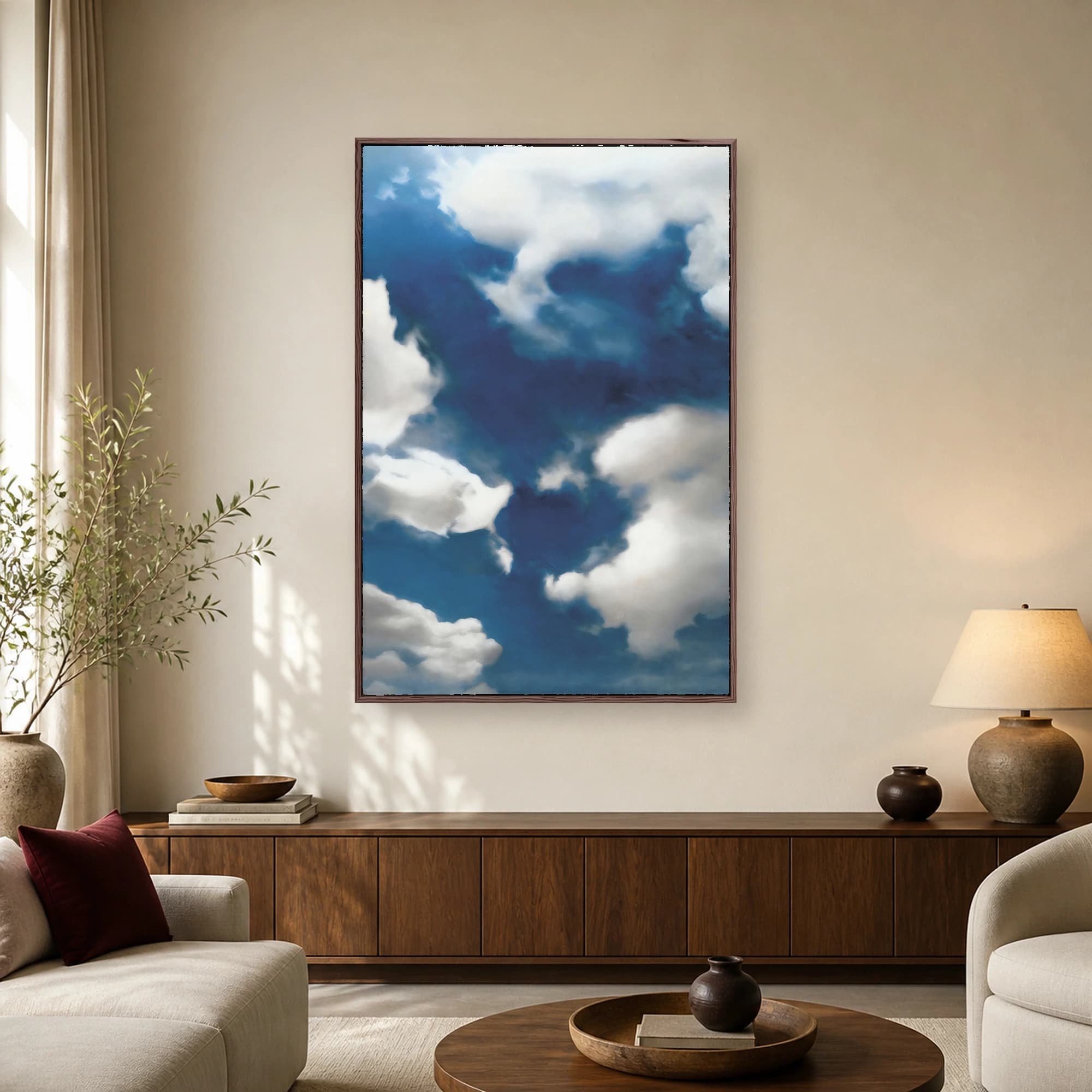 An abstract painting of a deep blue sky filled with soft, voluminous white cumulus clouds.