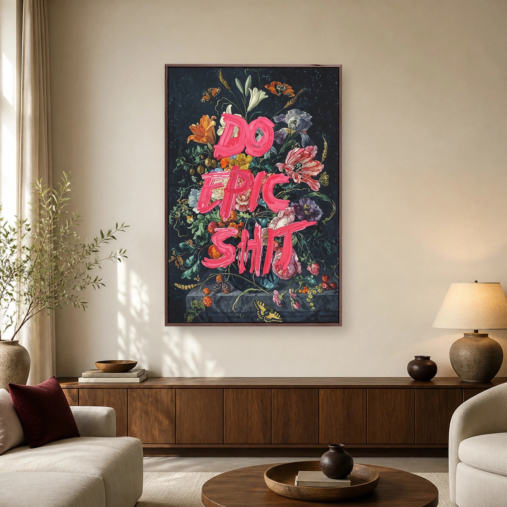 A moody classical Dutch style floral bouquet painting with a bold neon pink typography overlay reading Do Epic Shit across the center.