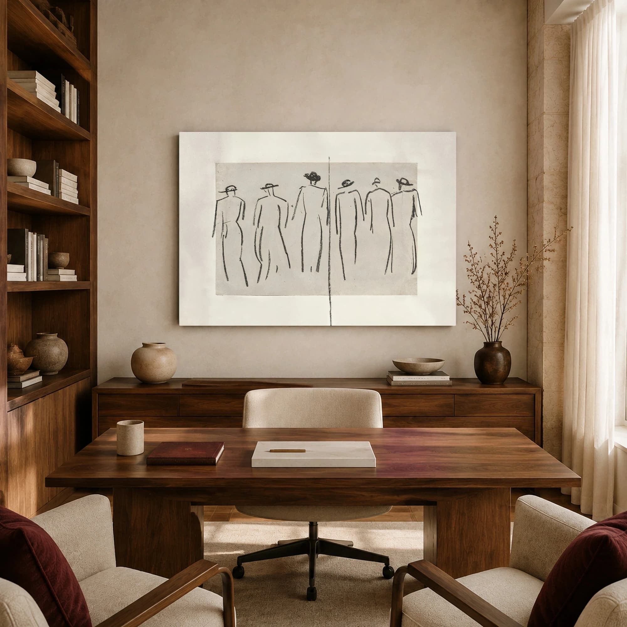 Six Figures in Hats Minimalist Charcoal Sketch, view 8