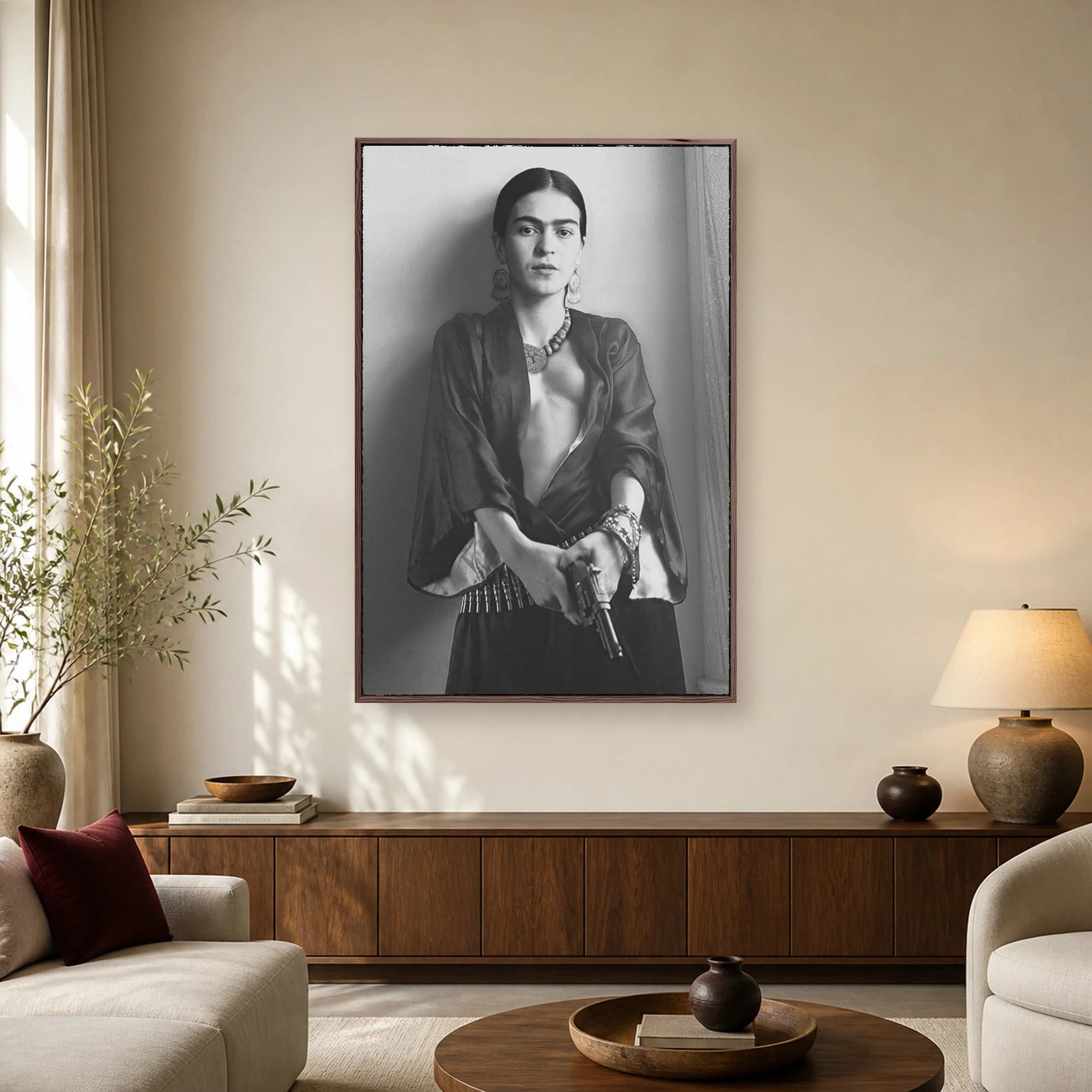Monochrome photographic portrait of Frida Kahlo holding a revolver, wearing traditional jewelry and an open jacket against a neutral wall.