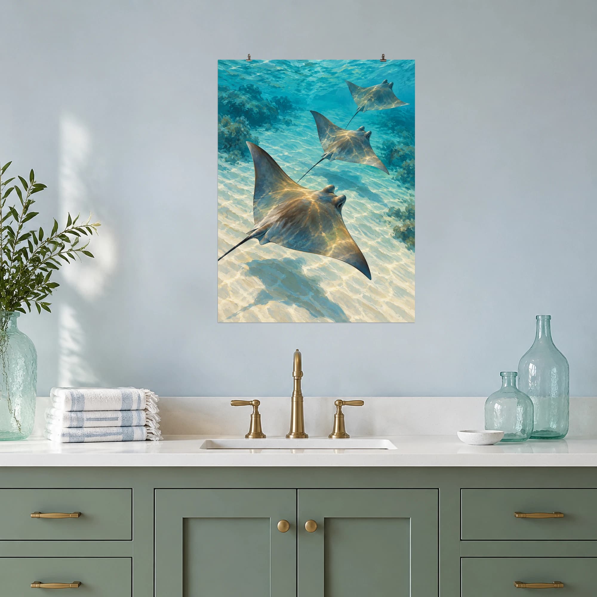 This gouache-style composition features three cownose rays drifting diagonally above pale rippled sand in clear aquamarine water. Expressive brushwork and a balanced palette bring warmth and character to your space.
