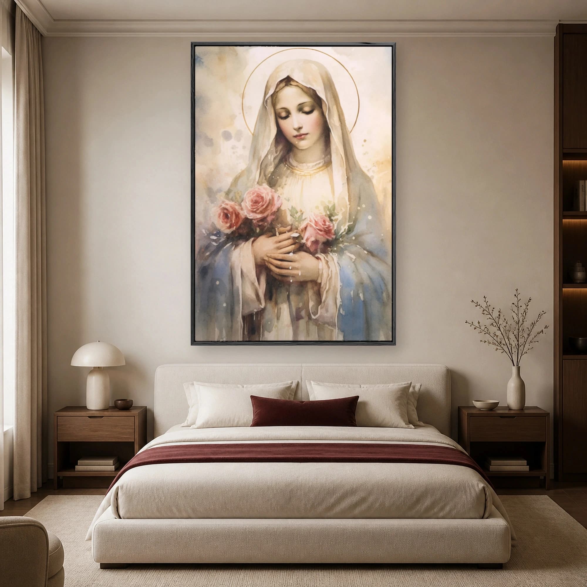 Watercolor portrait of the Virgin Mary in a blue veil holding pink roses beneath a golden halo
