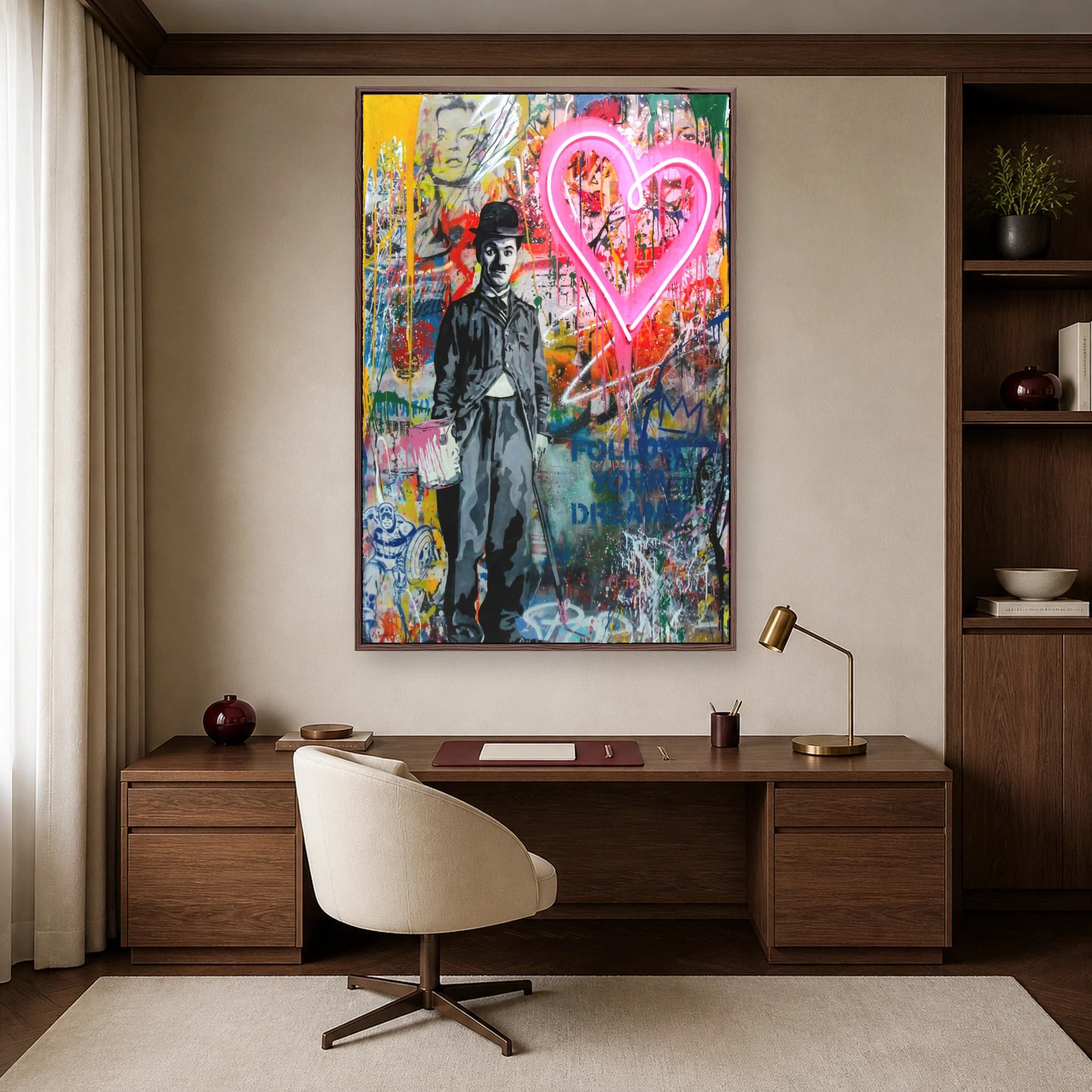 Charlie Chaplin Neon Heart Street Art Canvas Print, view 6
