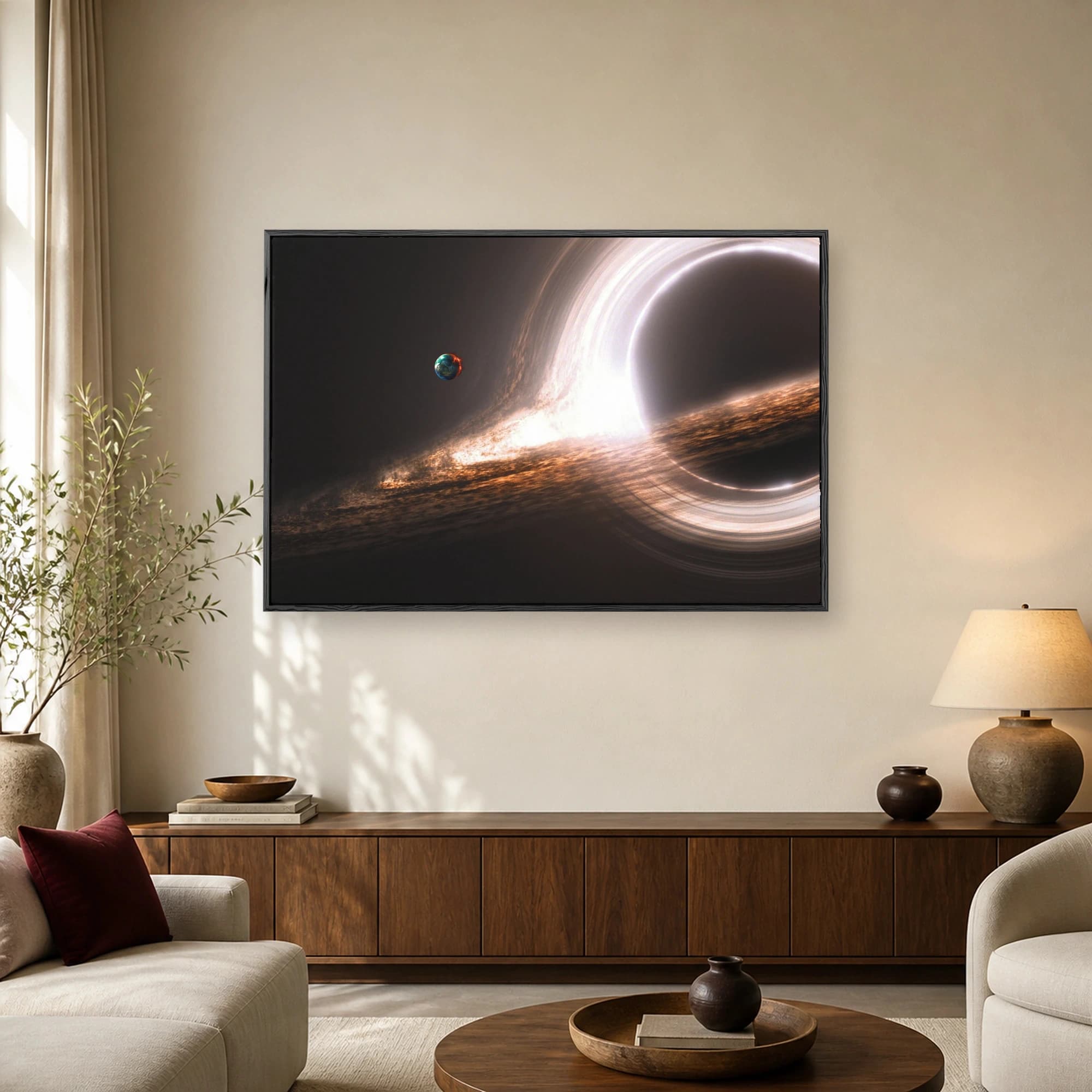 A dramatic sci-fi artwork showing a massive black hole with a glowing accretion disk and a small planet in deep space.