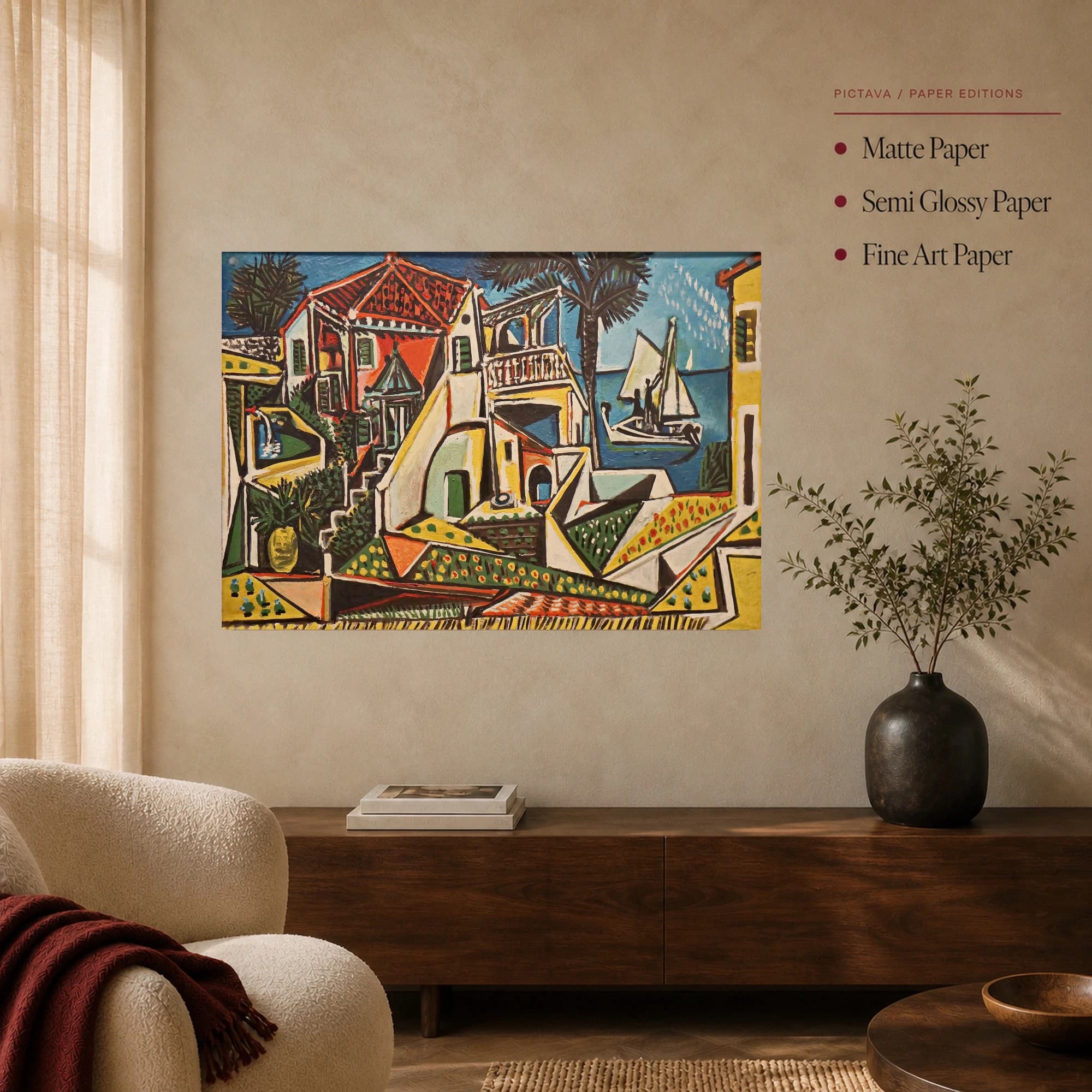 Mediterranean Coastal Villa and Sailboat Cubist Art Print, view 5