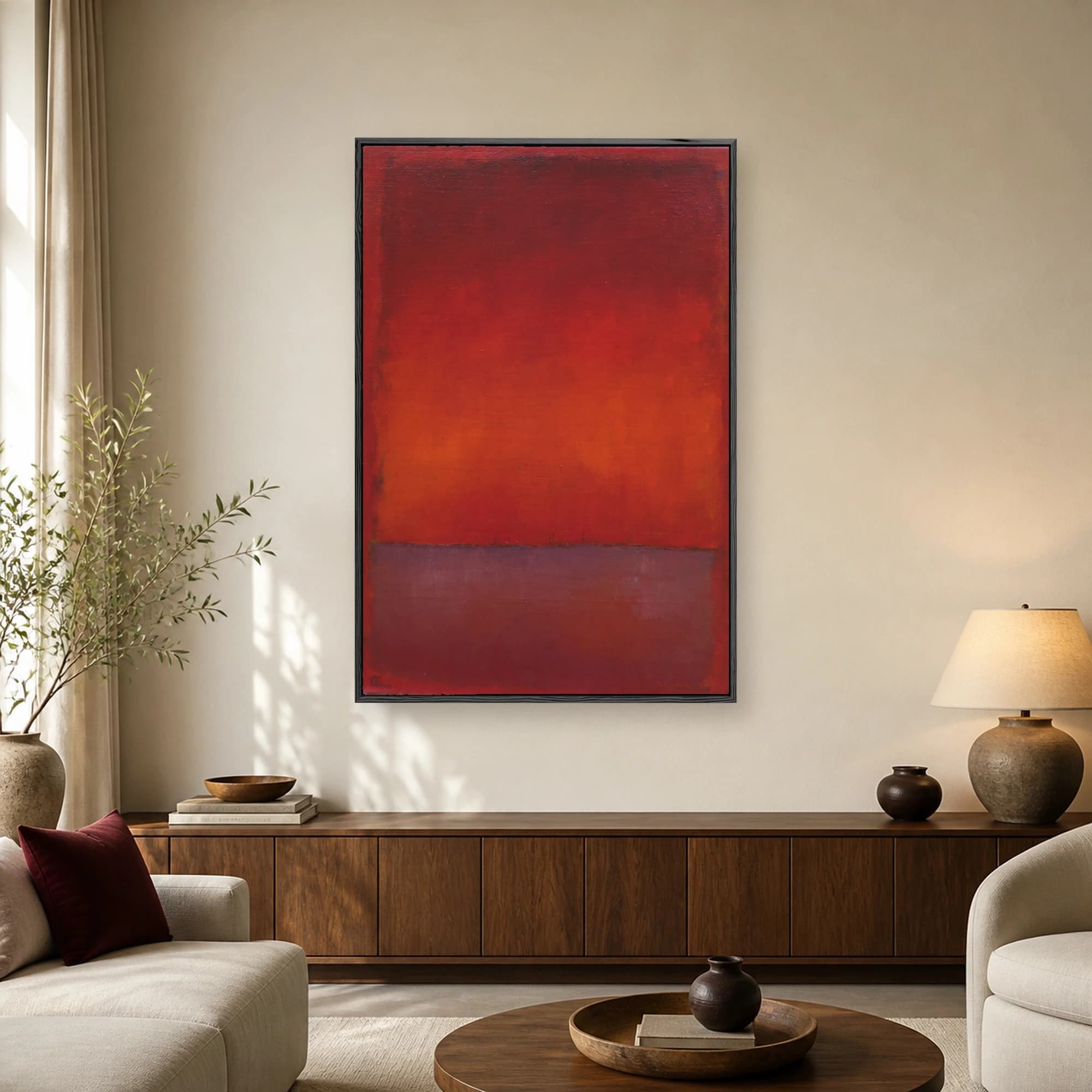 Abstract color field painting with stacked rectangles of crimson, vibrant orange, and a muted violet base.