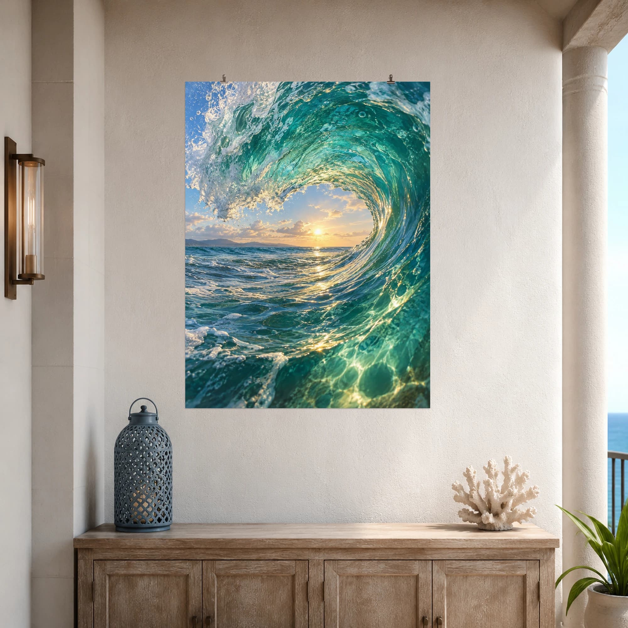 Golden light shines through the translucent curve of a turquoise ocean wave.