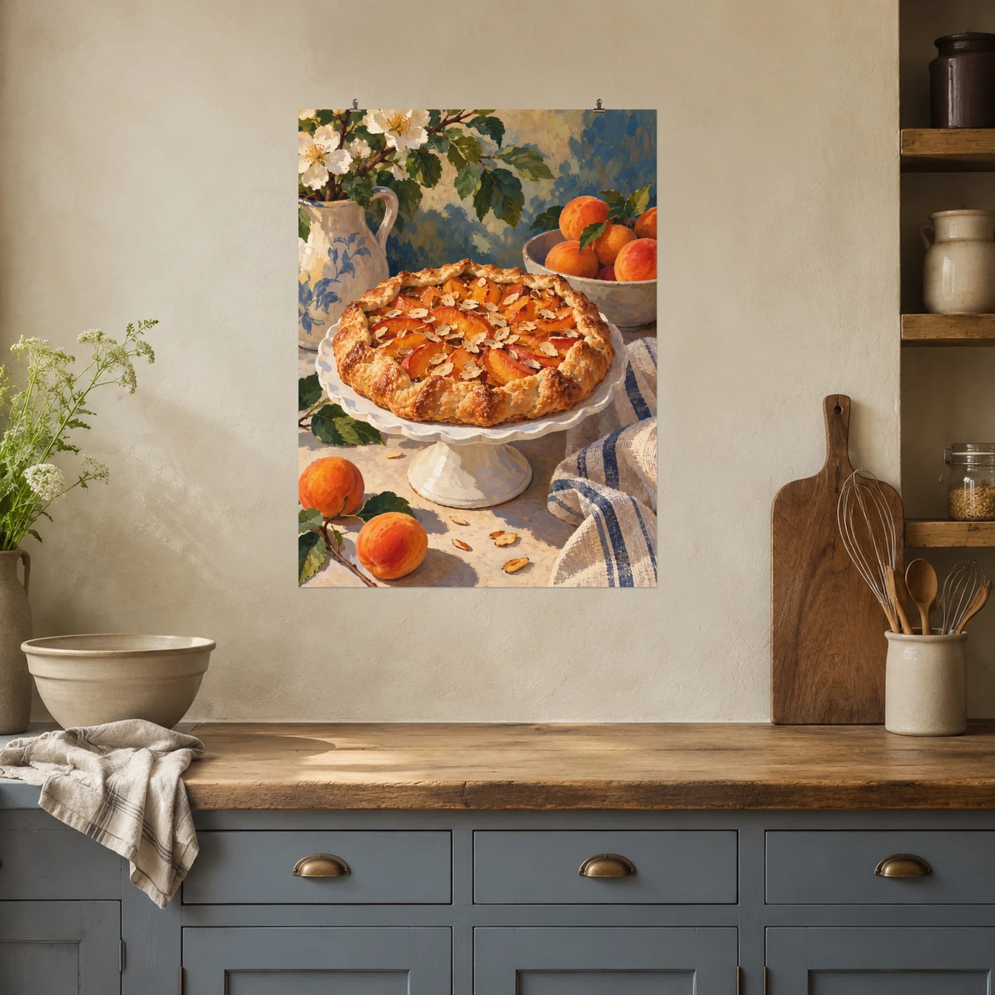 This gouache-style composition features a rustic apricot galette with toasted almond flakes on a white ceramic stand beside a striped linen towel. Expressive brushwork and a balanced palette bring warmth and character to your space.