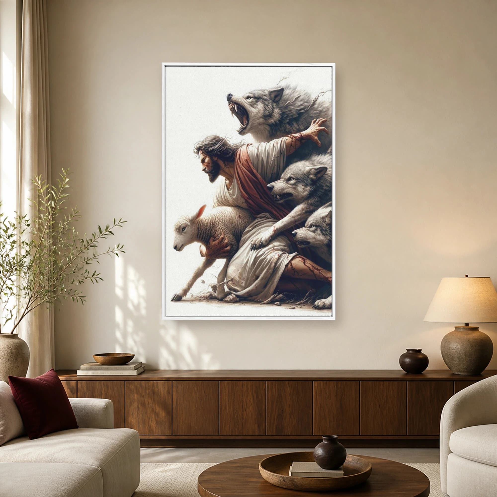 Shepherd Protecting Lamb from Wolves Canvas Print, view 2
