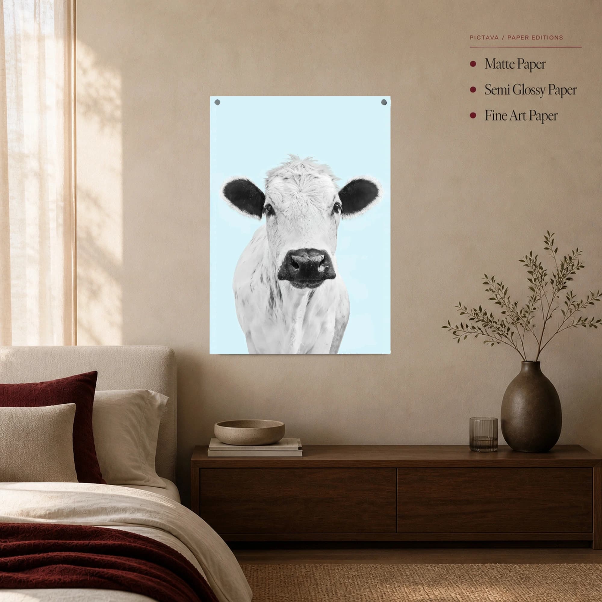Charming Cow Portrait on Light Blue Wall Art, view 4