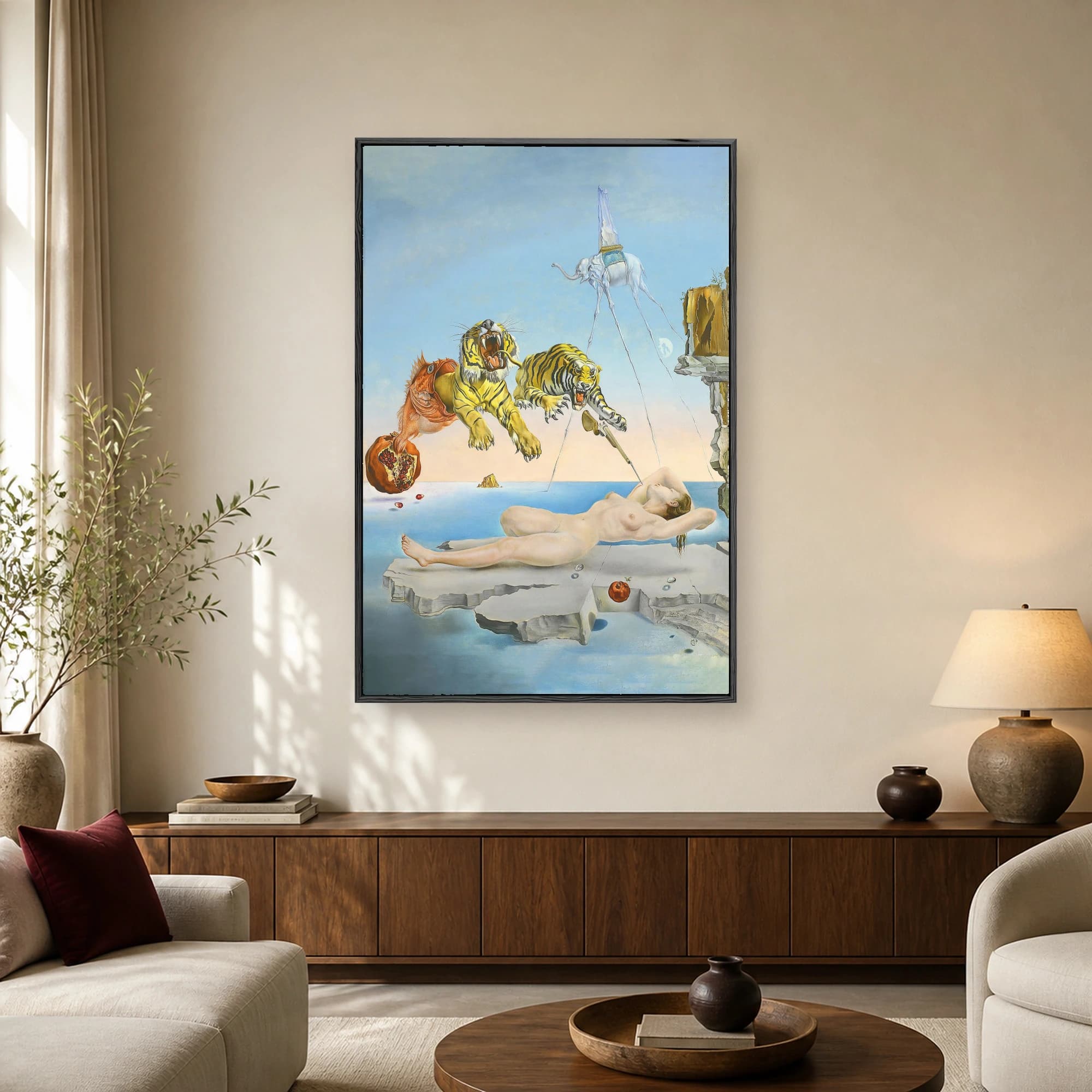 Fine art print of Salvador Dalí's Dream Caused by the Flight of a Bee, featuring a nude woman reclining on a stone slab with leaping tigers and an elephant in the background.