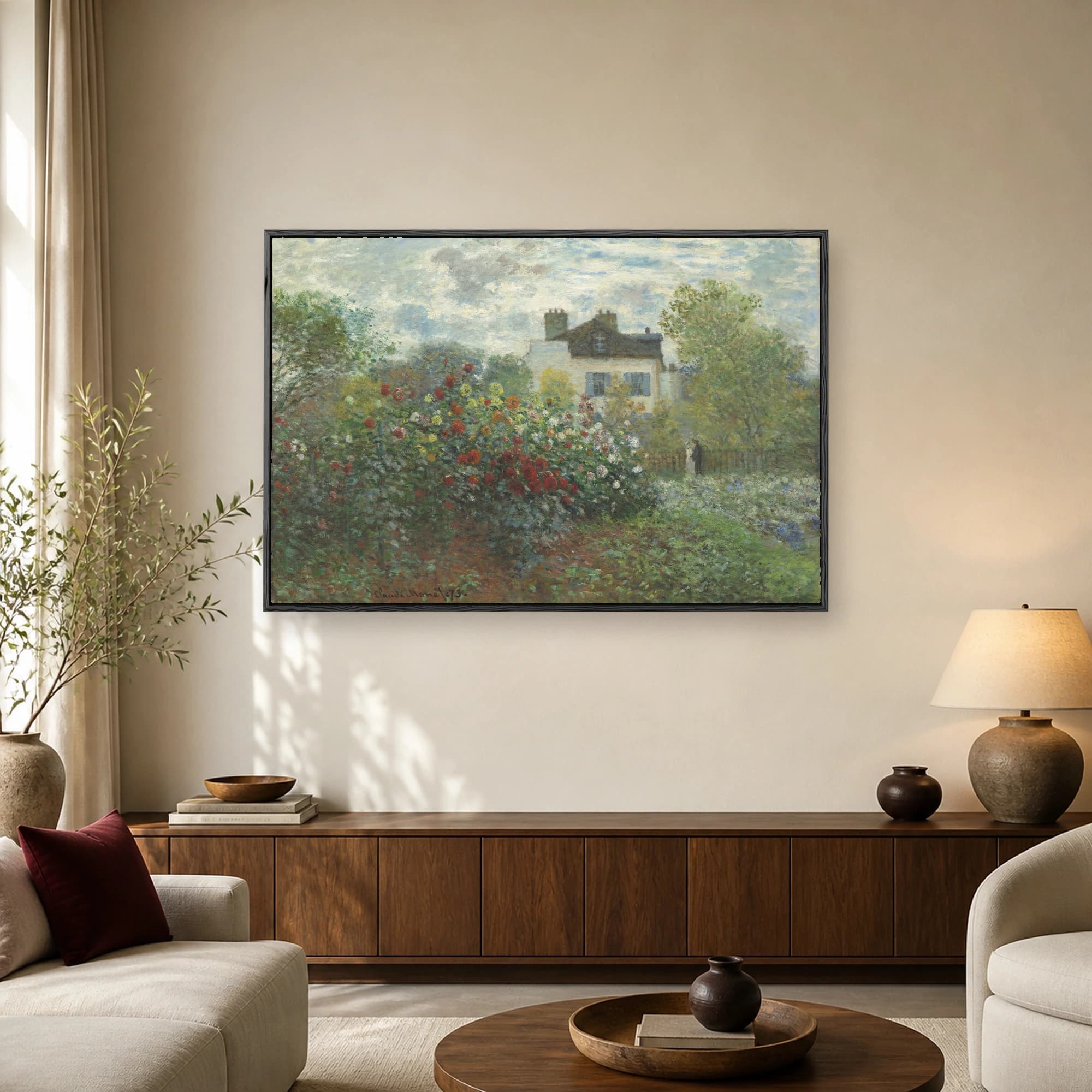 Impressionist painting of a lush garden filled with red and yellow dahlias in front of a white house with blue shutters under a cloudy sky.
