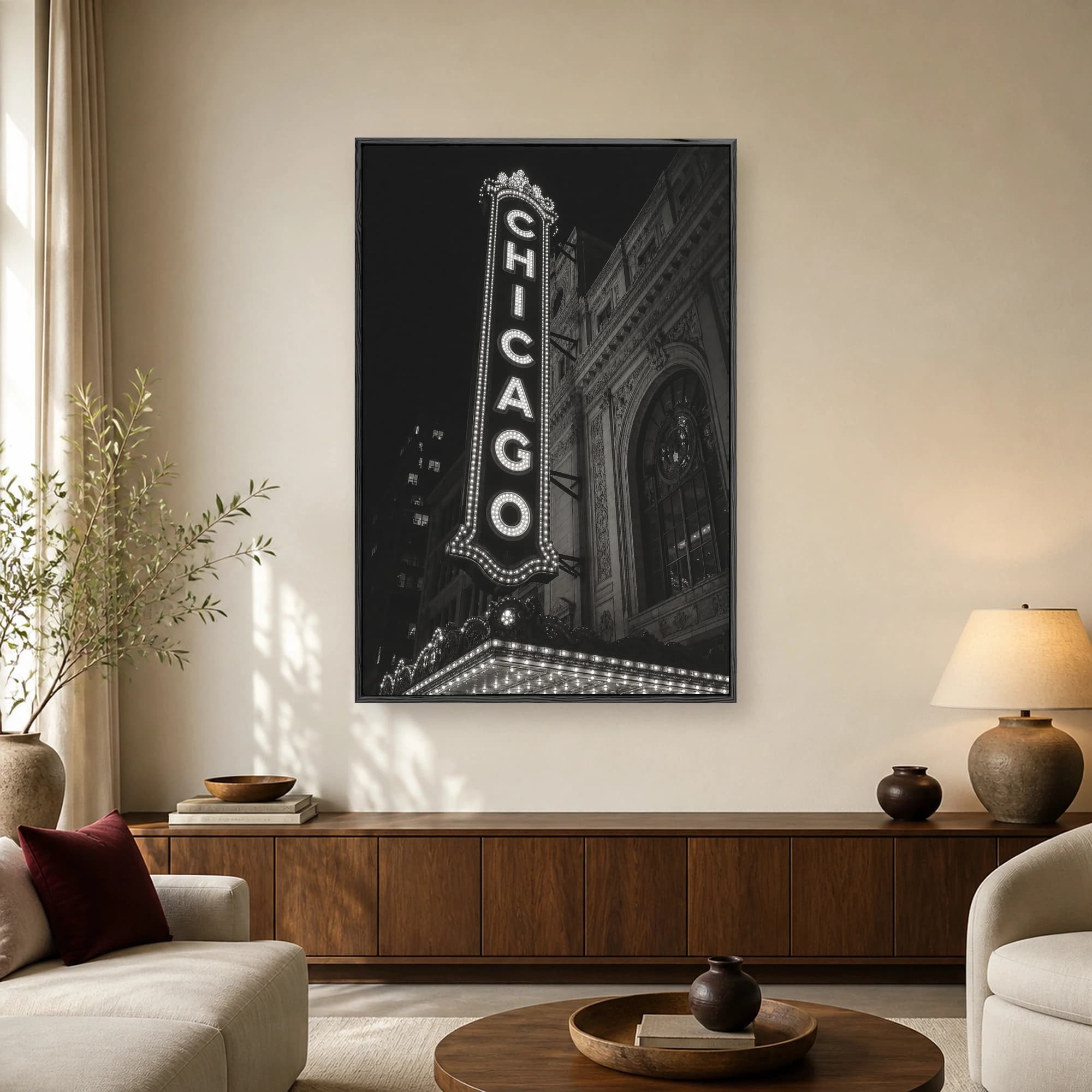 Monochrome photograph of the glowing vertical Chicago Theatre marquee sign and historic stone facade at night.