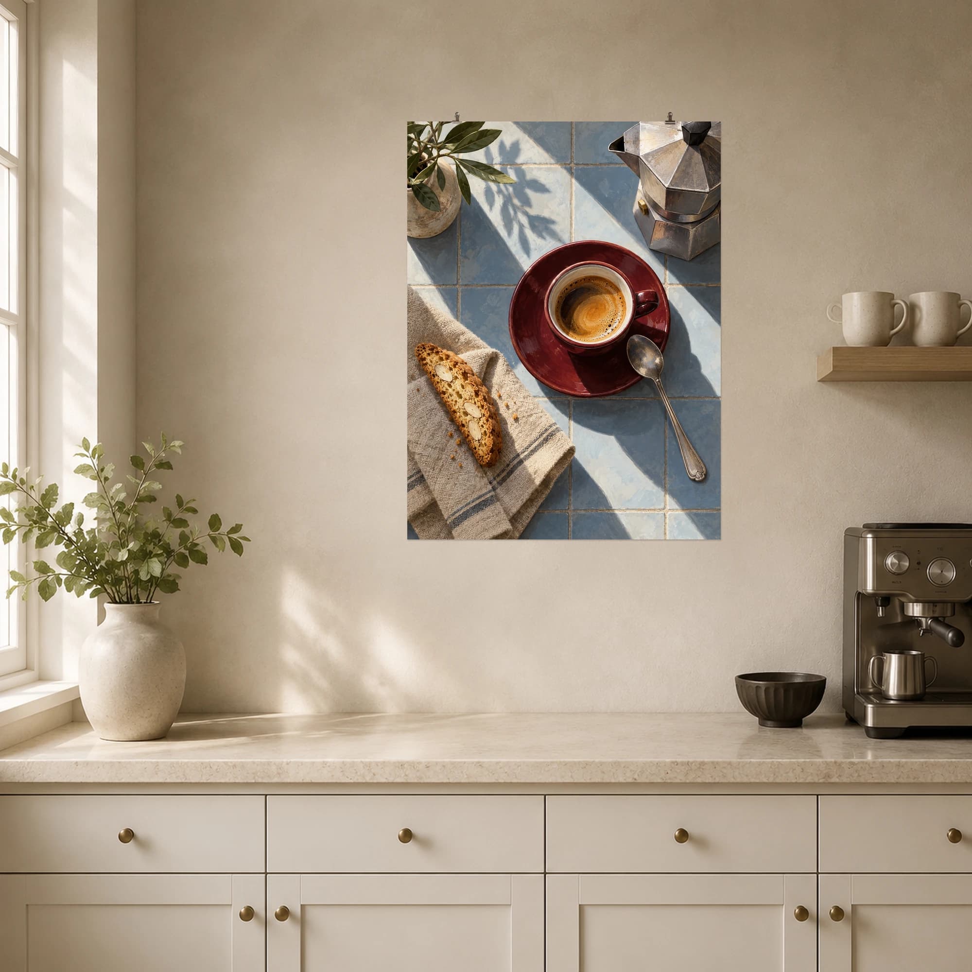A burgundy espresso cup, silver spoon and almond biscotti rest on sunlit blue tiles. An overhead view and warm coffee tones create a quiet cafe moment for a kitchen or breakfast nook.