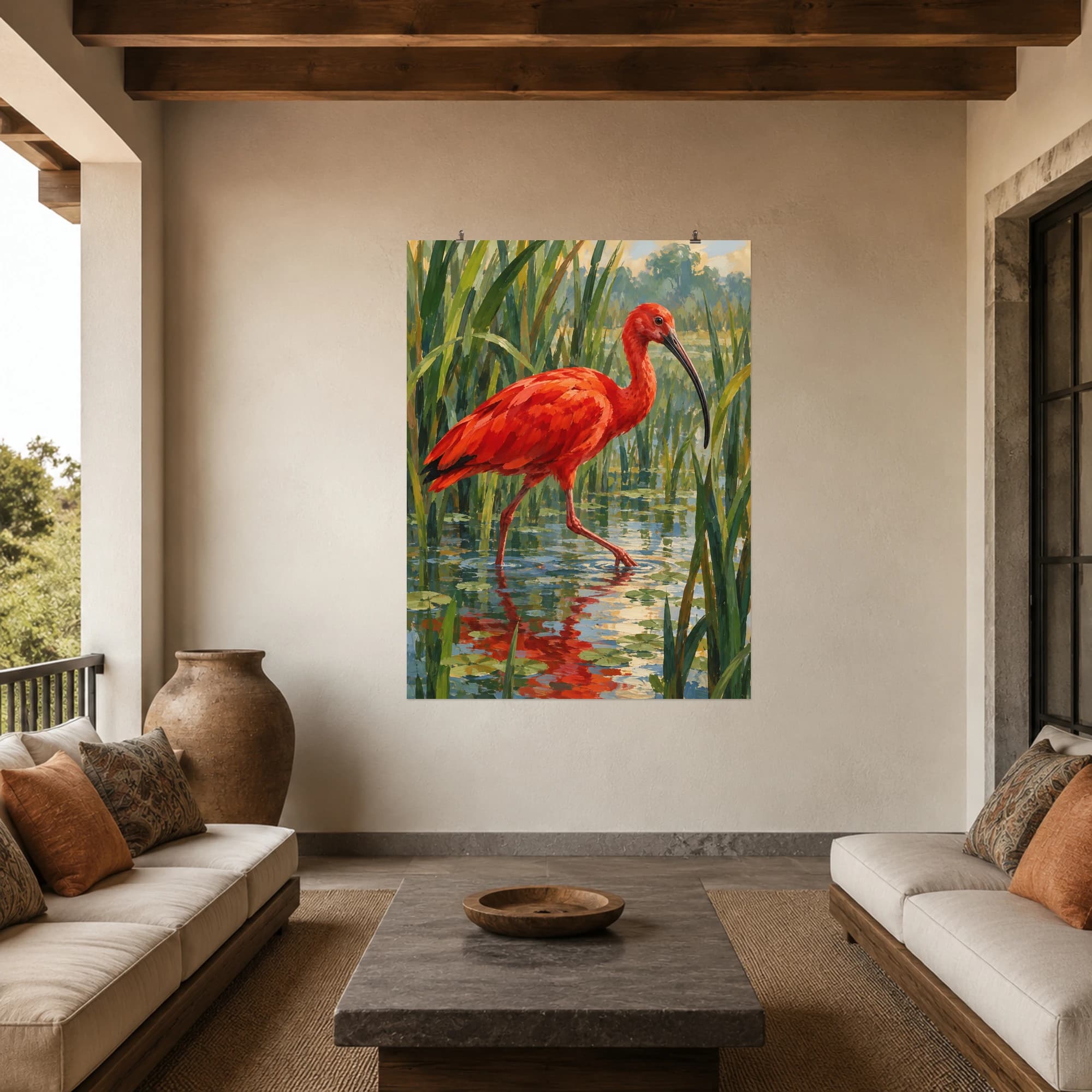 This gouache-style composition features a scarlet ibis stepping through shallow marsh water between green reeds. Expressive brushwork and carefully balanced color bring a distinctive focal point to your wall.